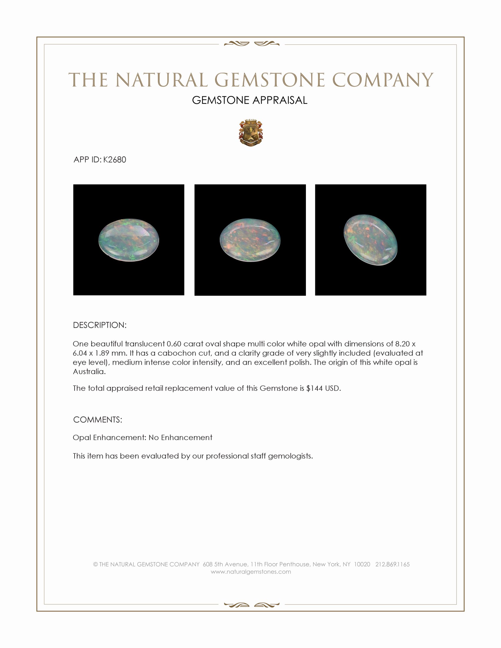 0.60 Ct. Cabochon White Opal from Australia