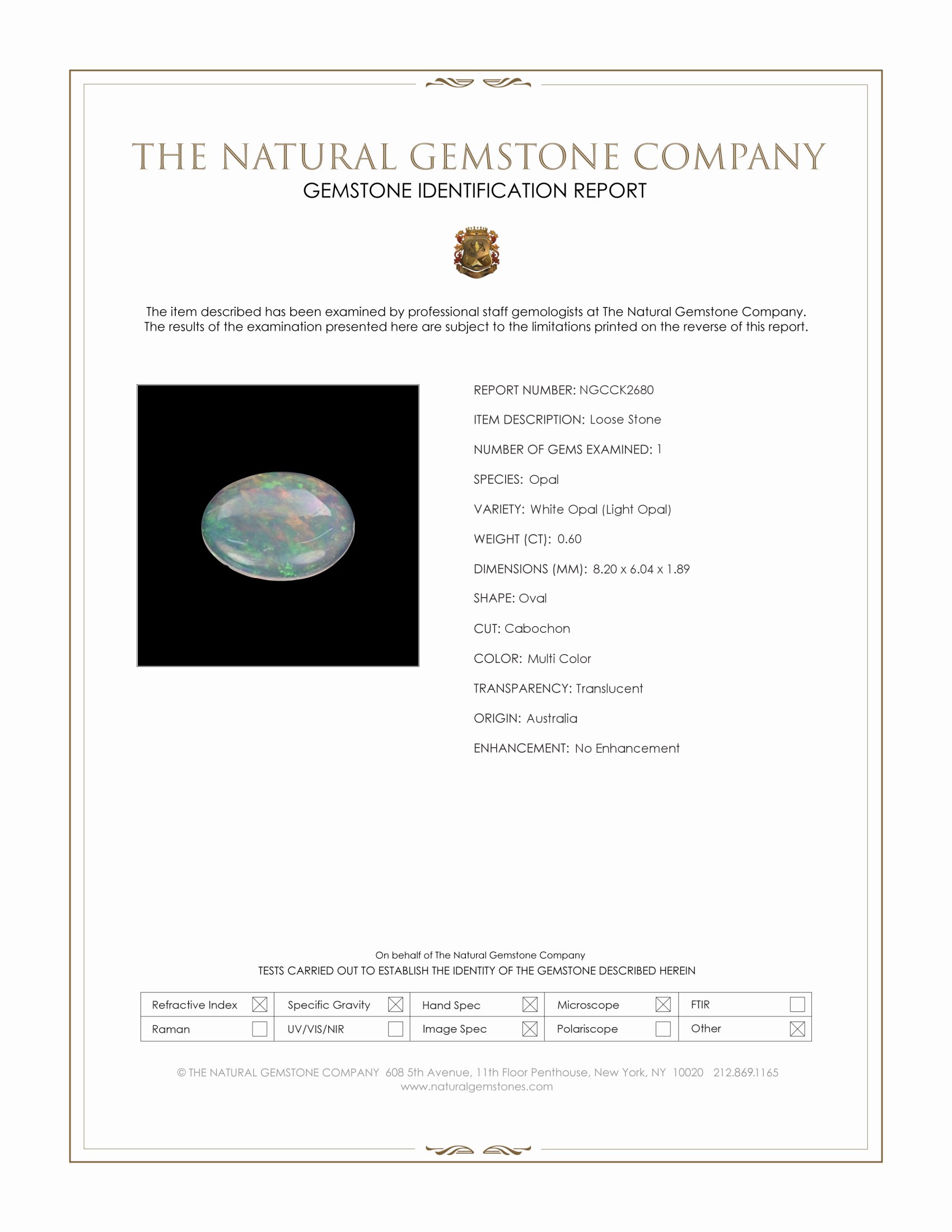 0.60 Ct. Multi Color Cabochon White Opal (Light Opal) from Australia