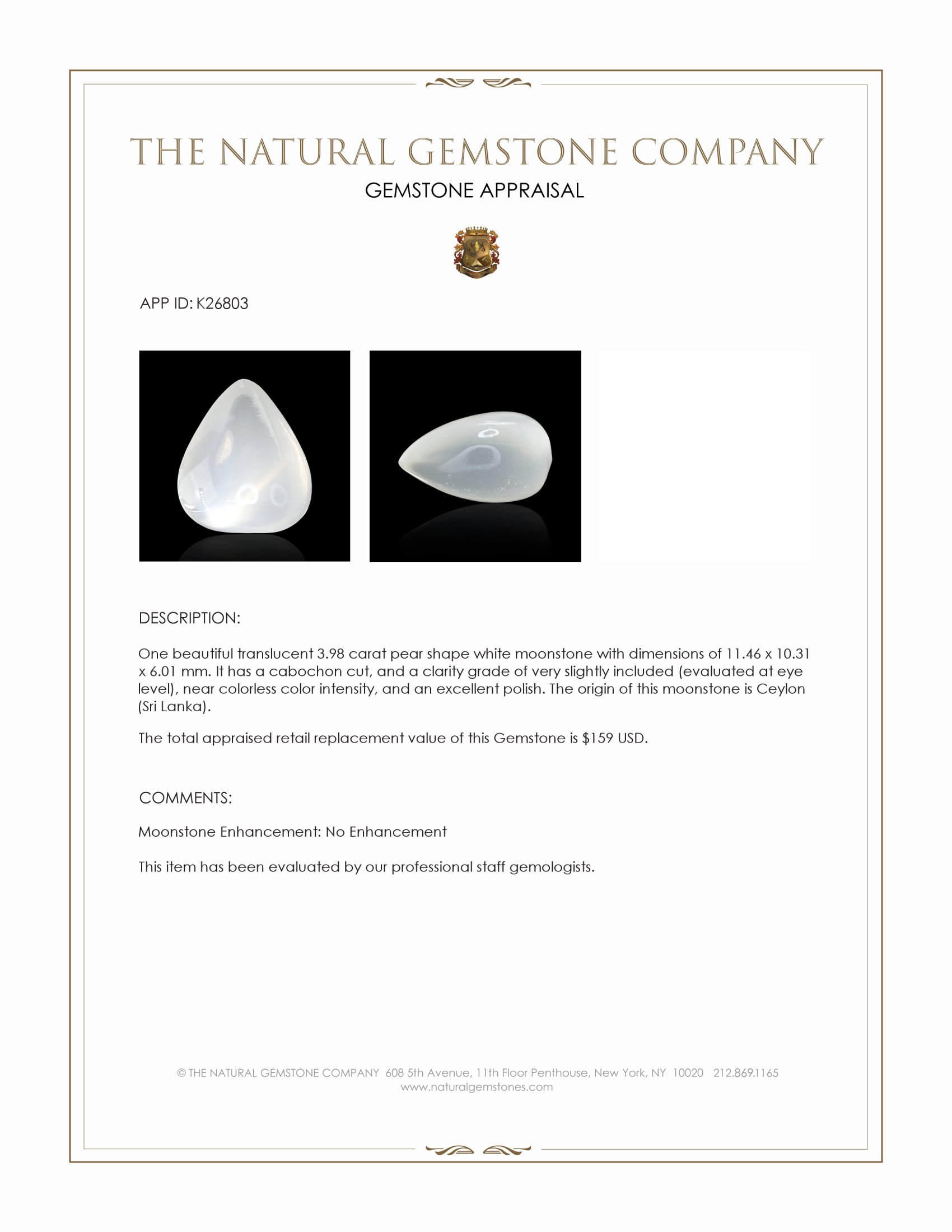 3.98 Ct. White Cabochon Moonstone from Ceylon (Sri Lanka)