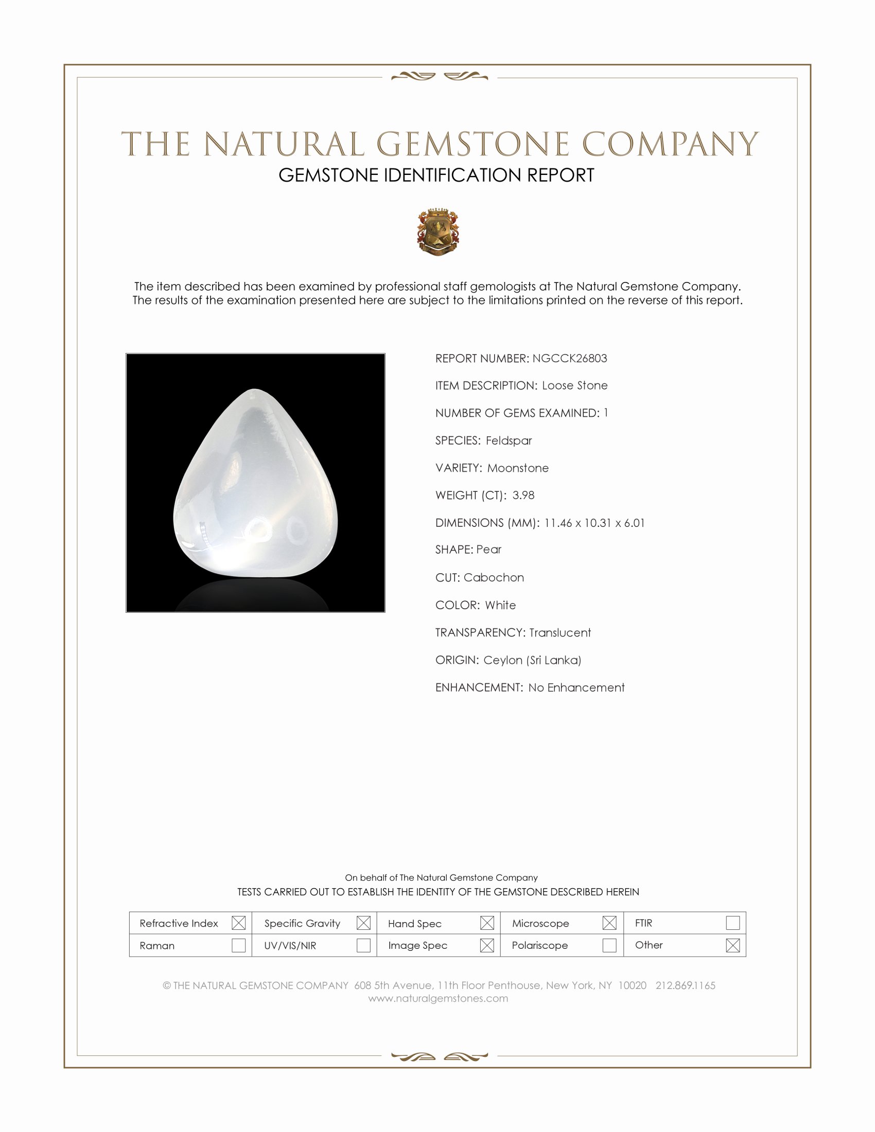 3.98 Ct. White Cabochon Moonstone from Ceylon (Sri Lanka)
