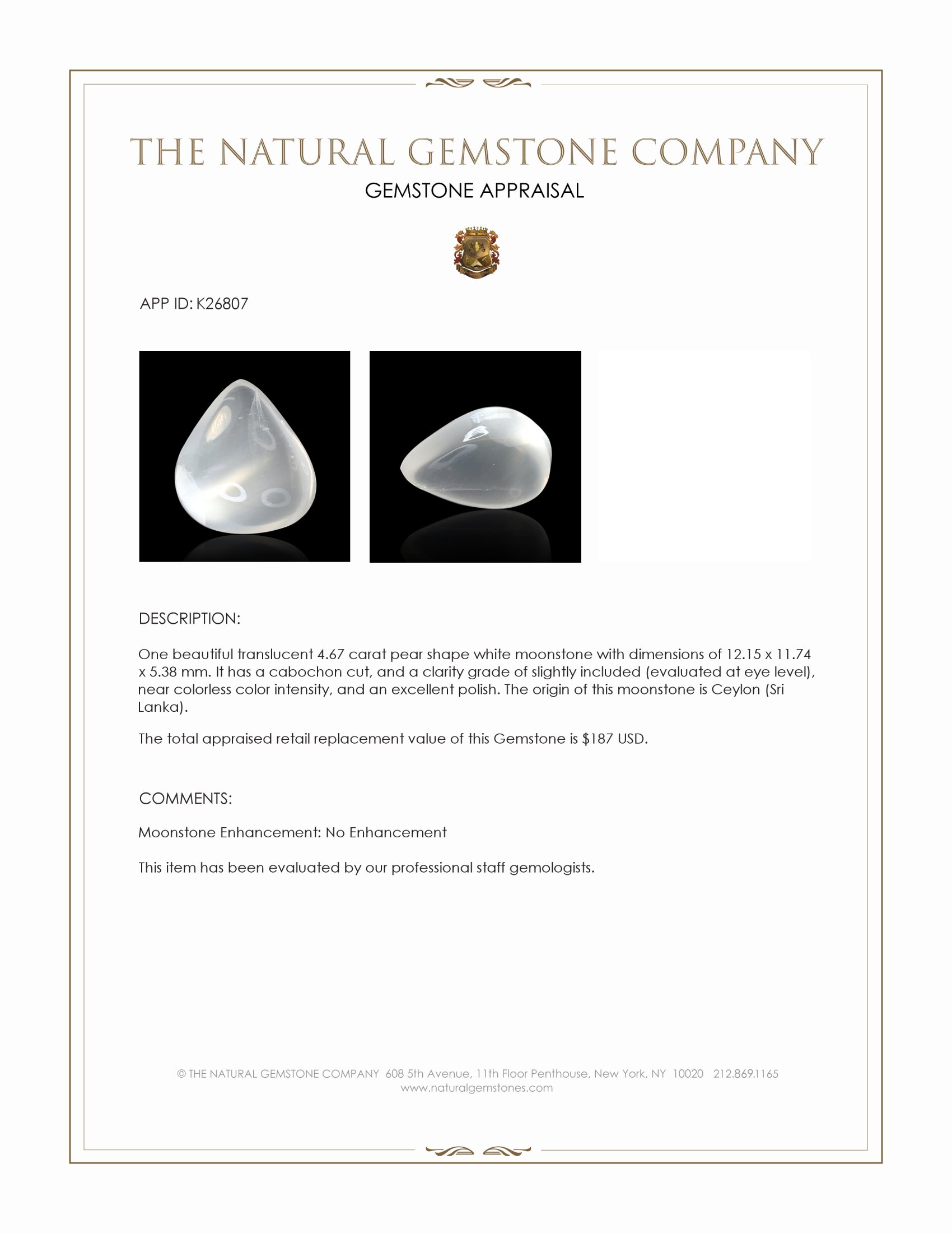 4.67 Ct. White Cabochon Moonstone from Ceylon (Sri Lanka)