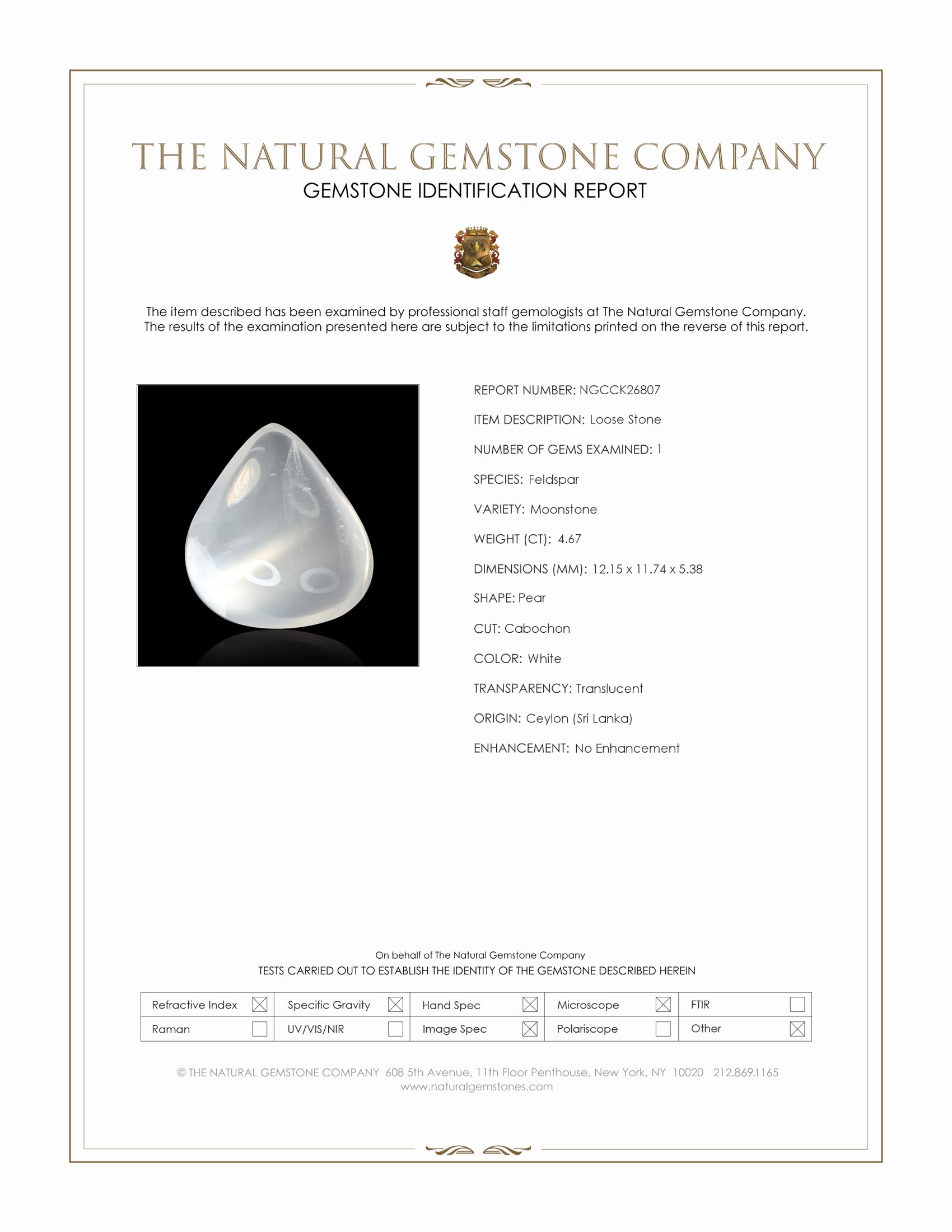 4.67 Ct. White Cabochon Moonstone from Ceylon (Sri Lanka)