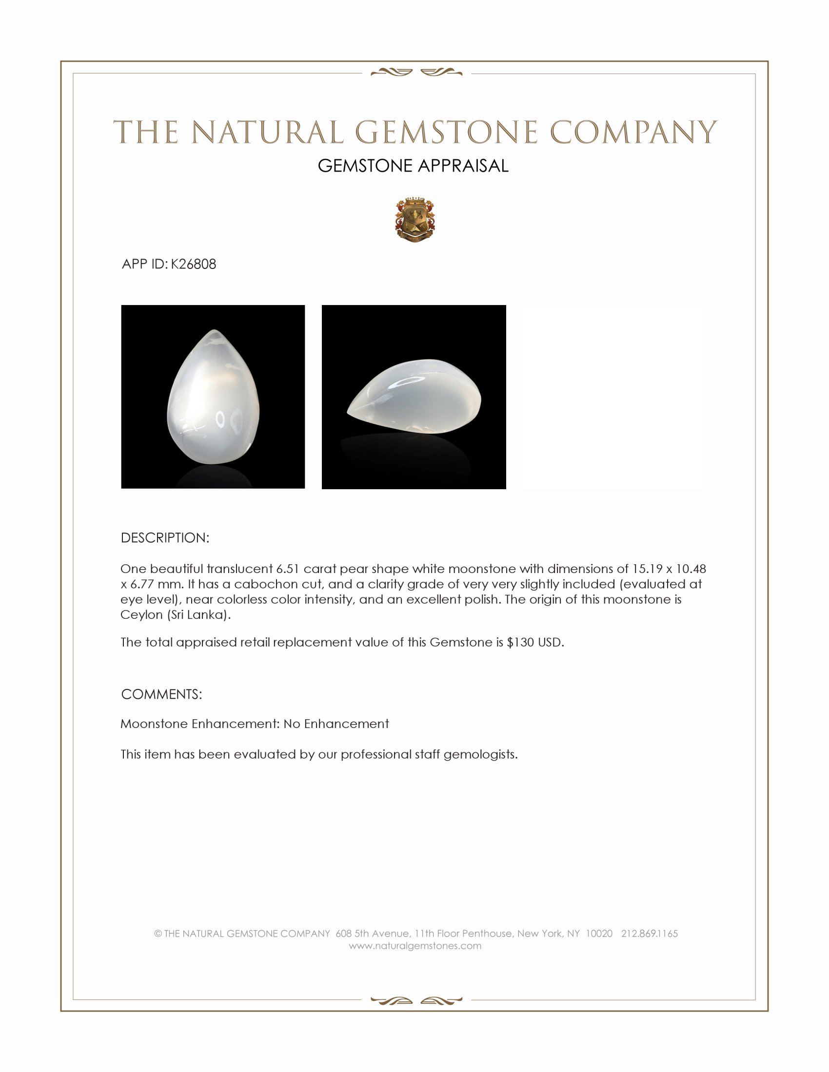 6.51 Ct. White Cabochon Moonstone from Ceylon (Sri Lanka)