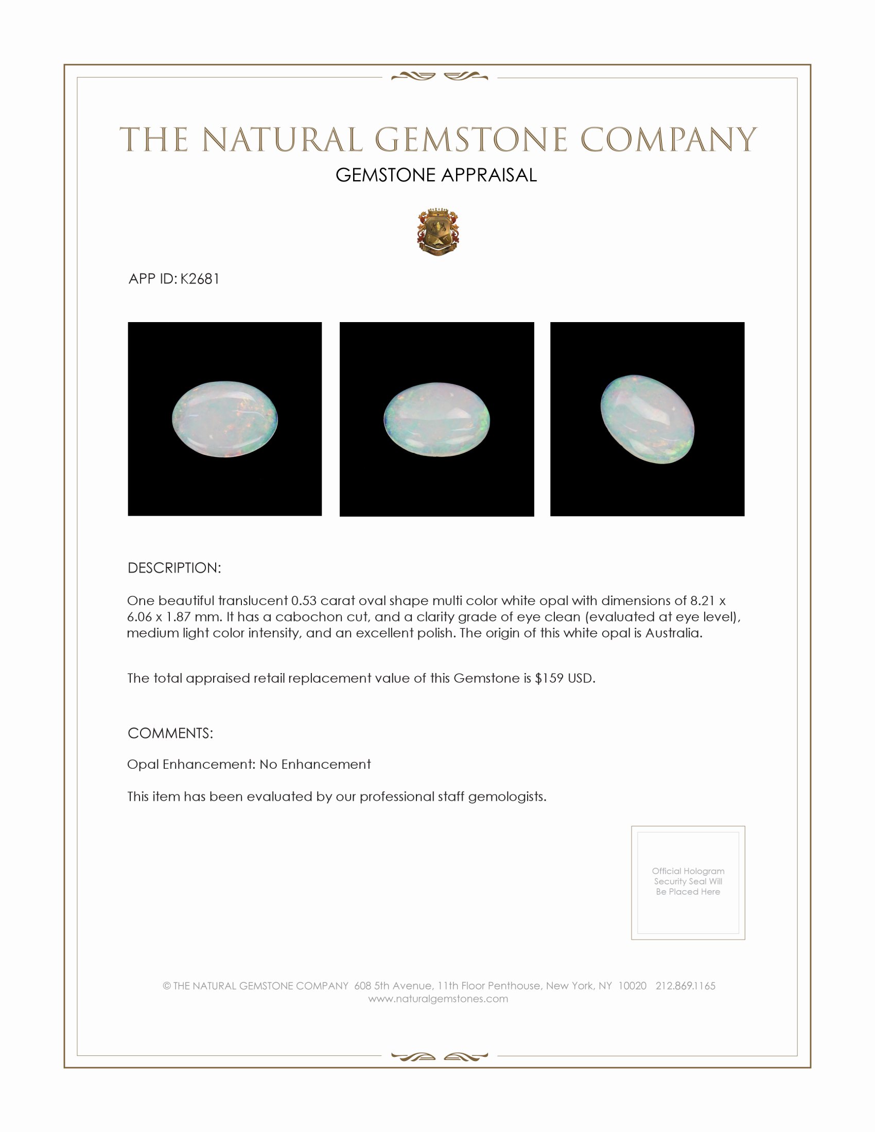 0.53 Ct. Cabochon White Opal from Australia