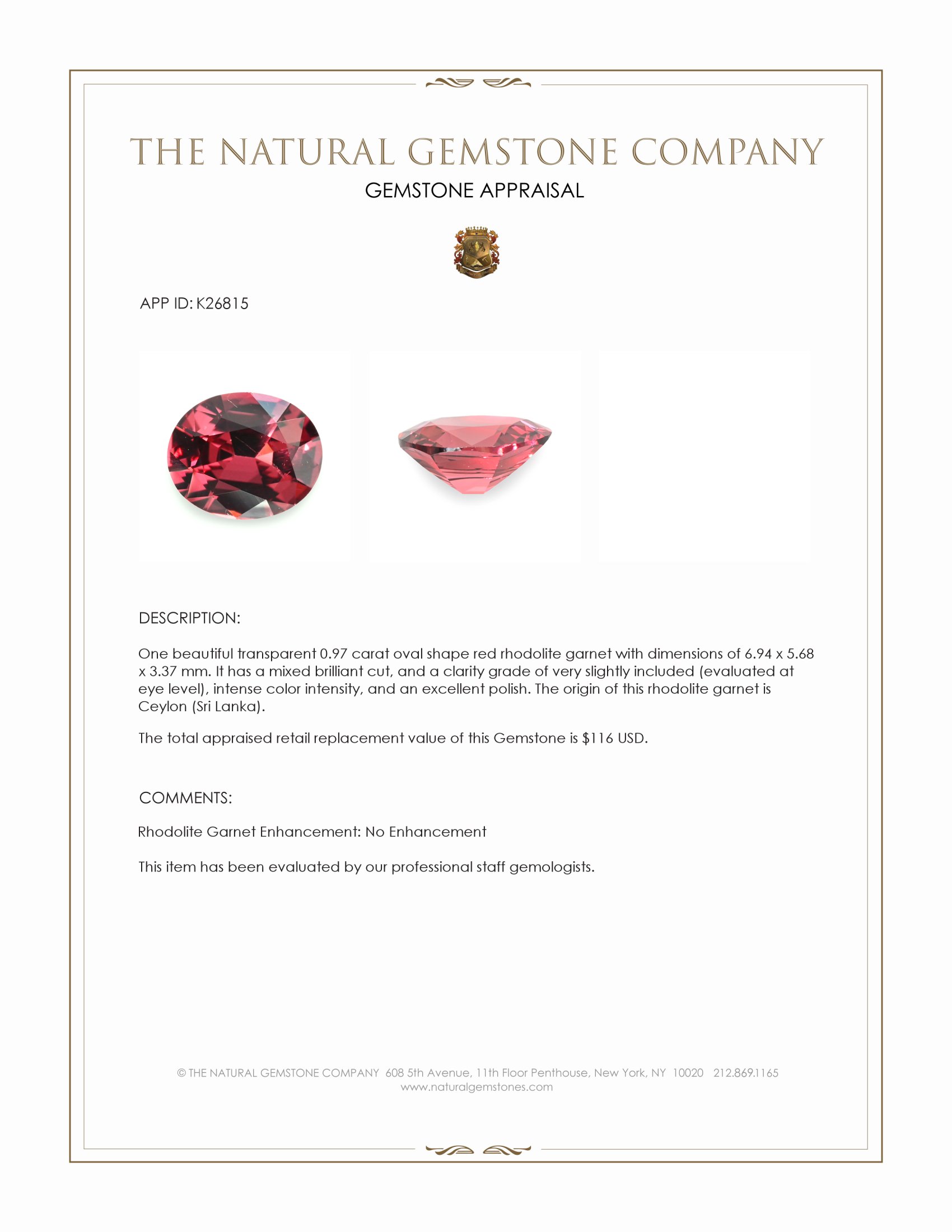 0.97 Ct. Red Rhodolite Garnet from Ceylon (Sri Lanka)