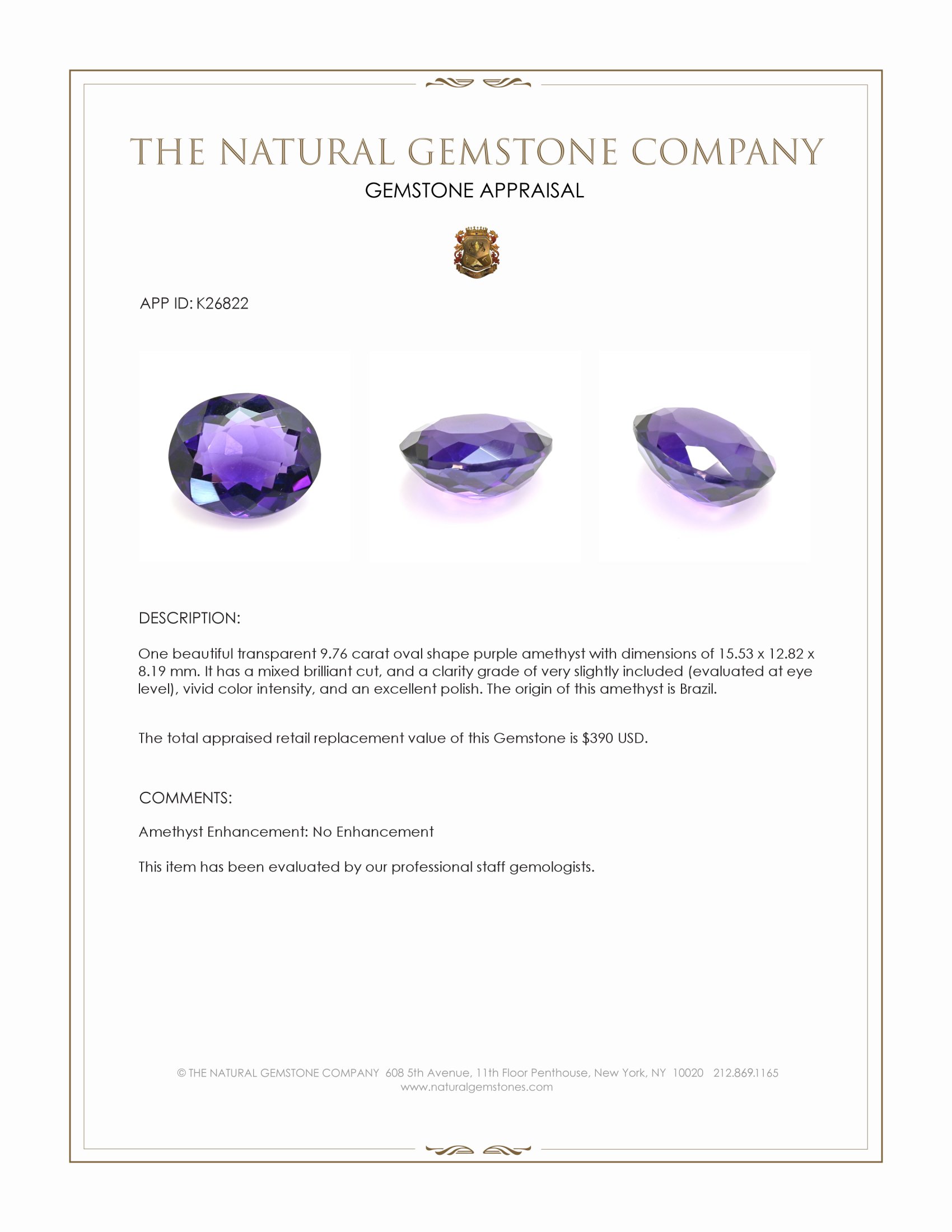 9.76 Ct. Purple Amethyst from Brazil