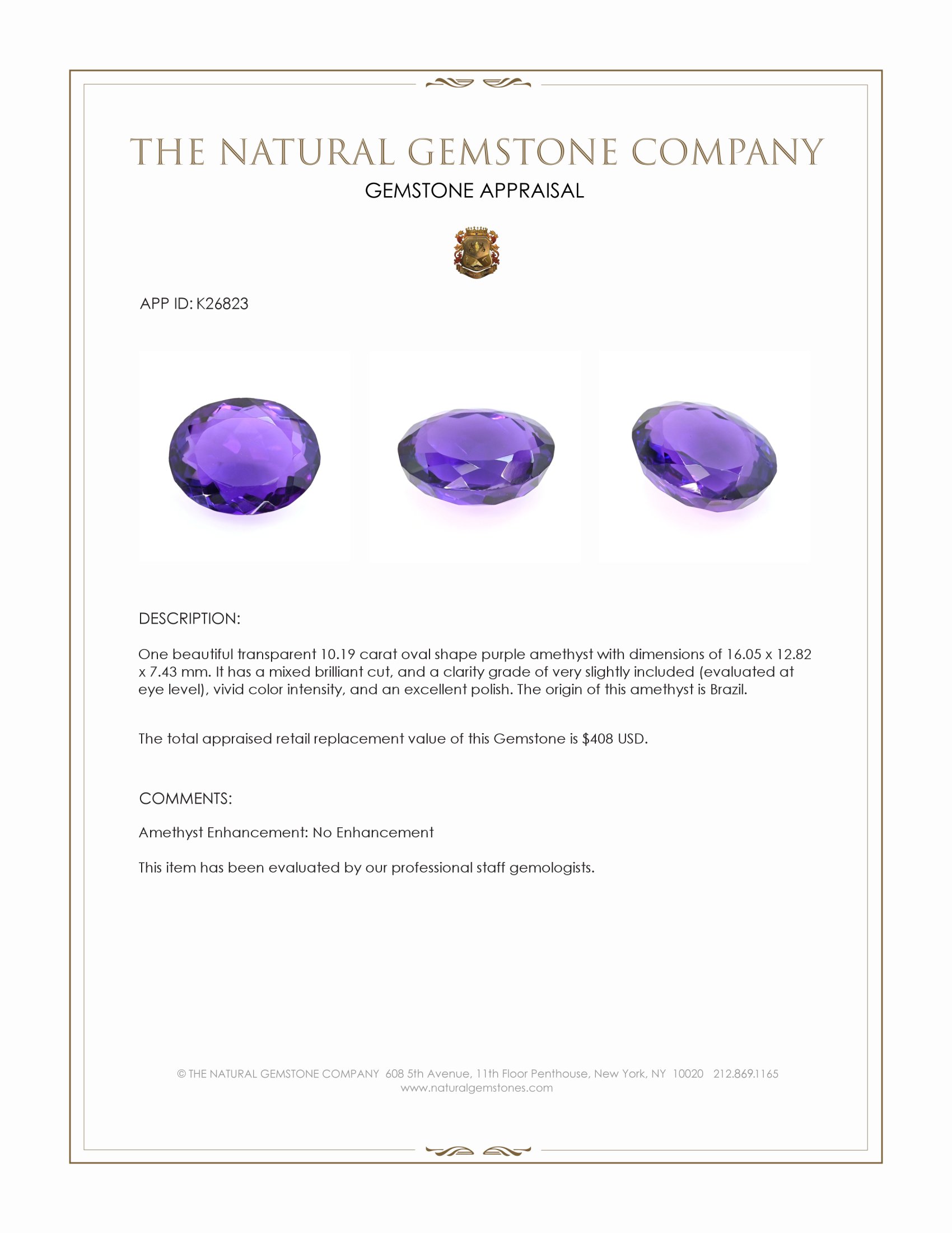 10.19 Ct. Purple Amethyst from Brazil