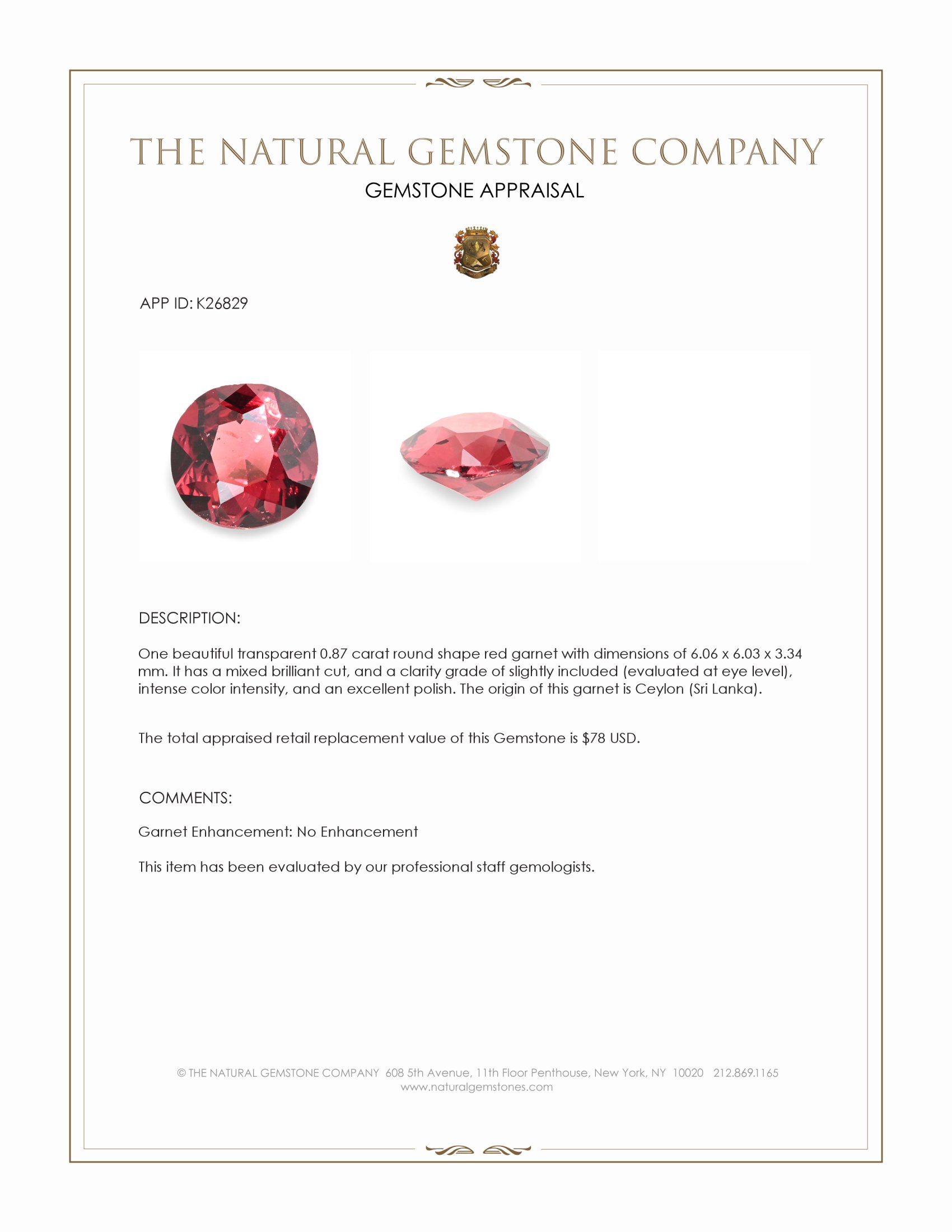 0.87 Ct. Red Garnet from Ceylon (Sri Lanka)