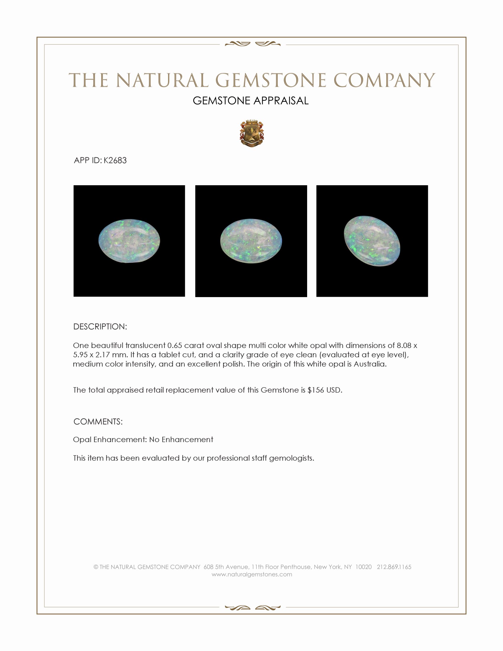 0.65 Ct. White Opal from Australia