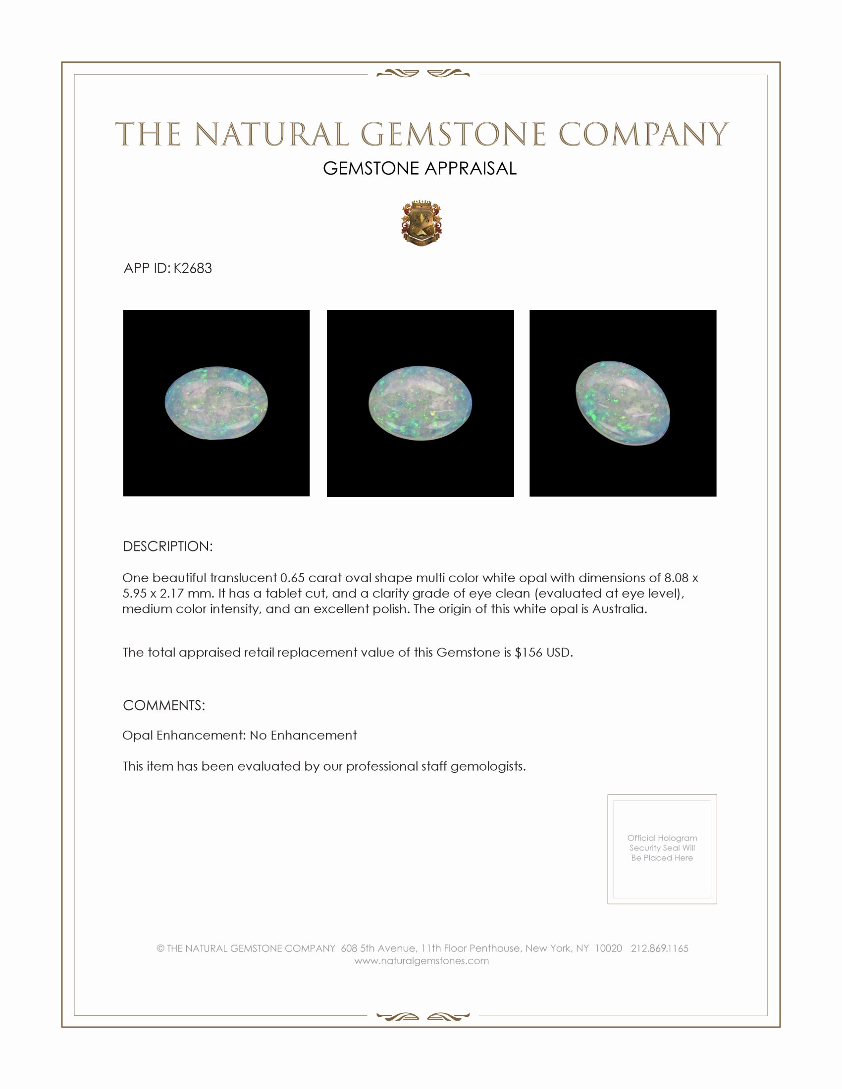 0.65 Ct. White Opal from Australia