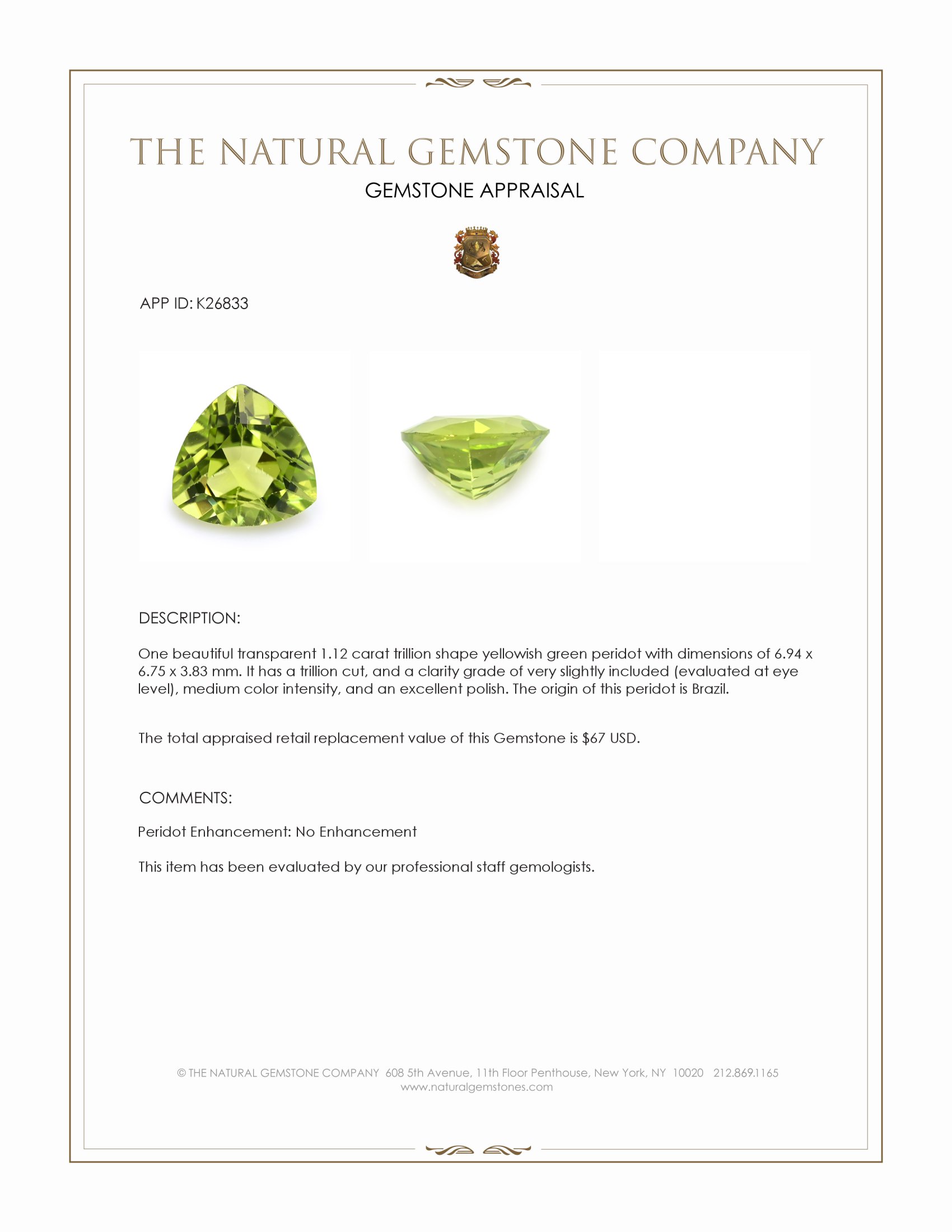 1.12 Ct. Yellowish Green Peridot from Brazil