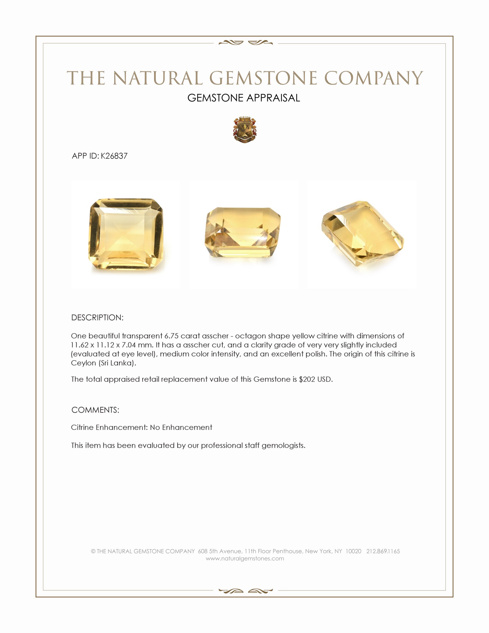 6.75 Ct. Yellow Citrine from Ceylon (Sri Lanka)