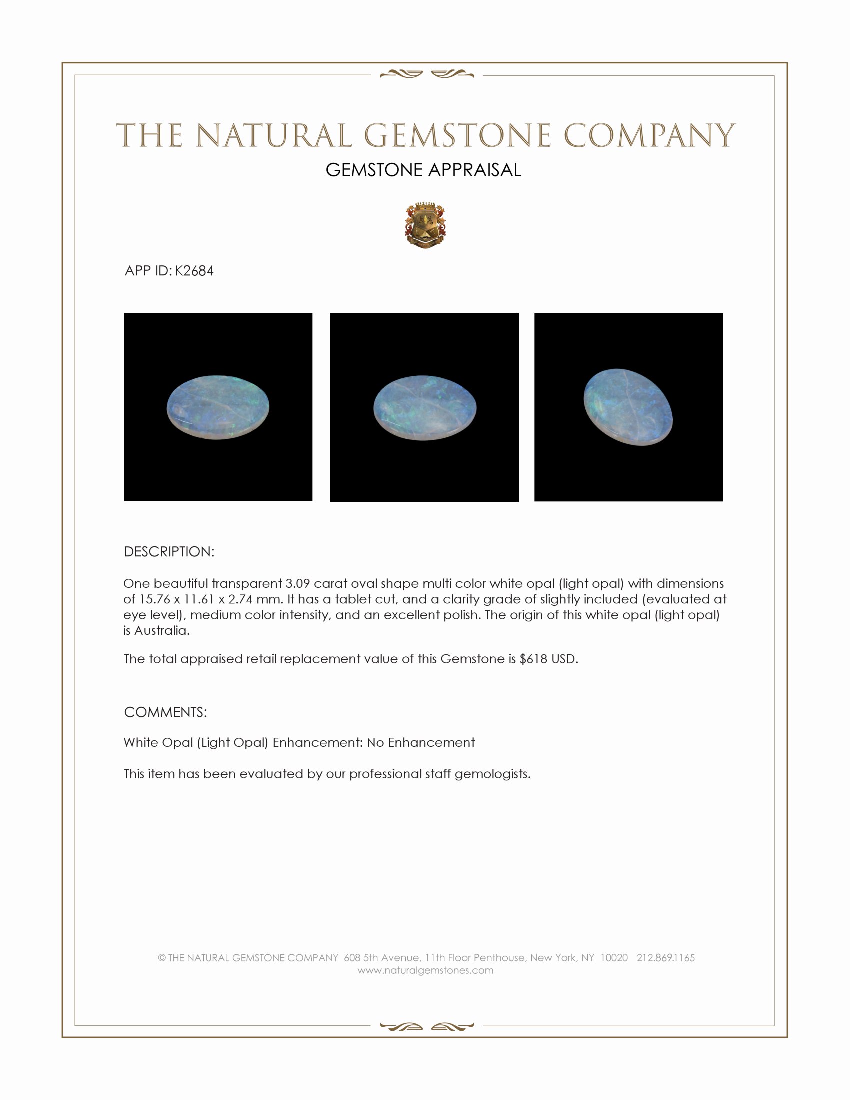 3.09 Ct. Multi Color White Opal (Light Opal) from Australia
