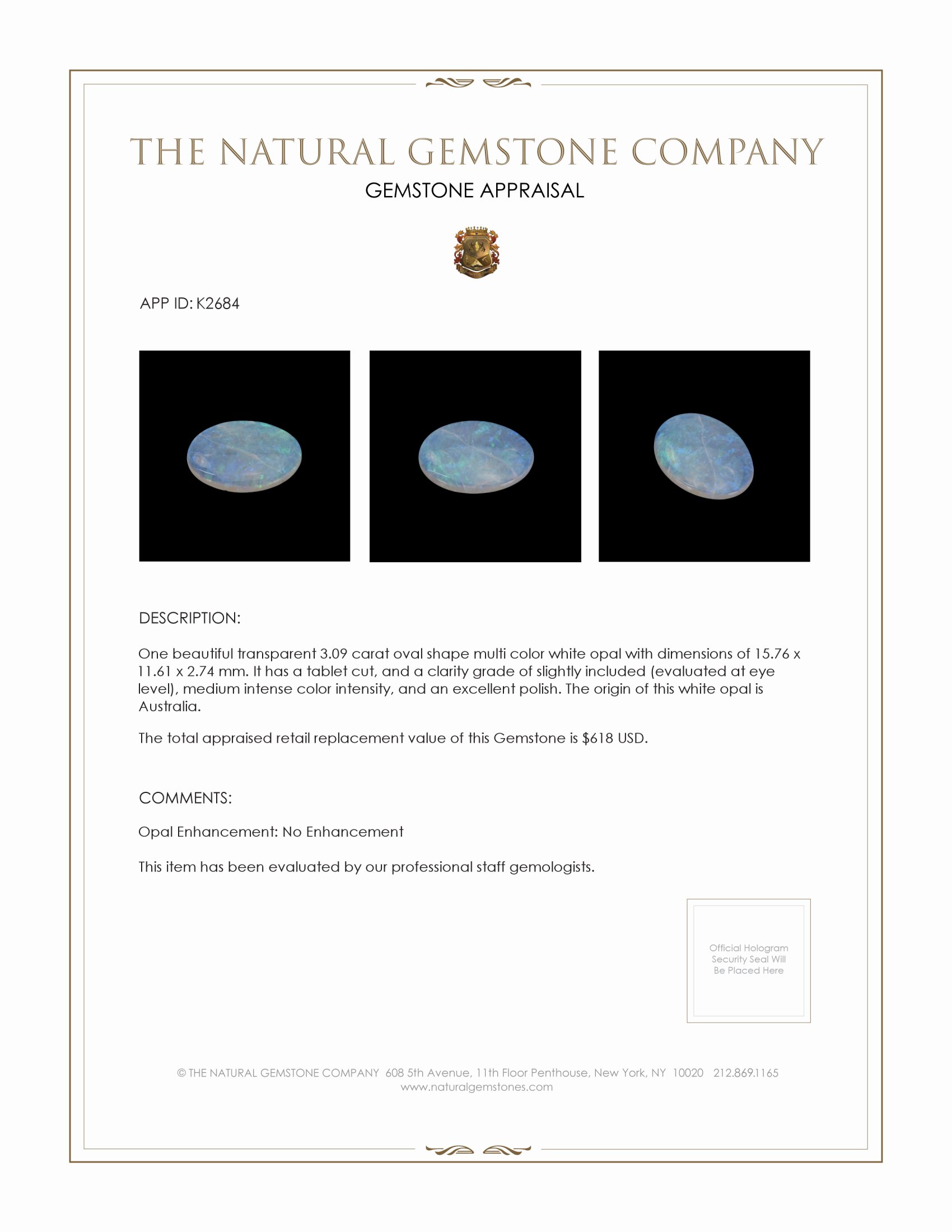 3.09 Ct. White Opal from Australia