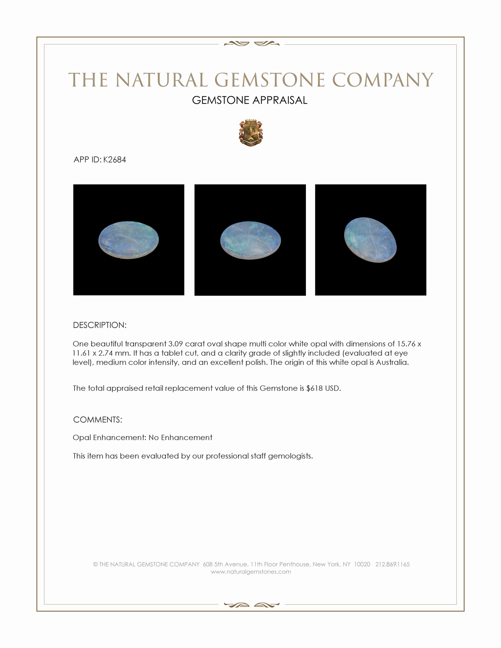 3.09 Ct. White Opal from Australia