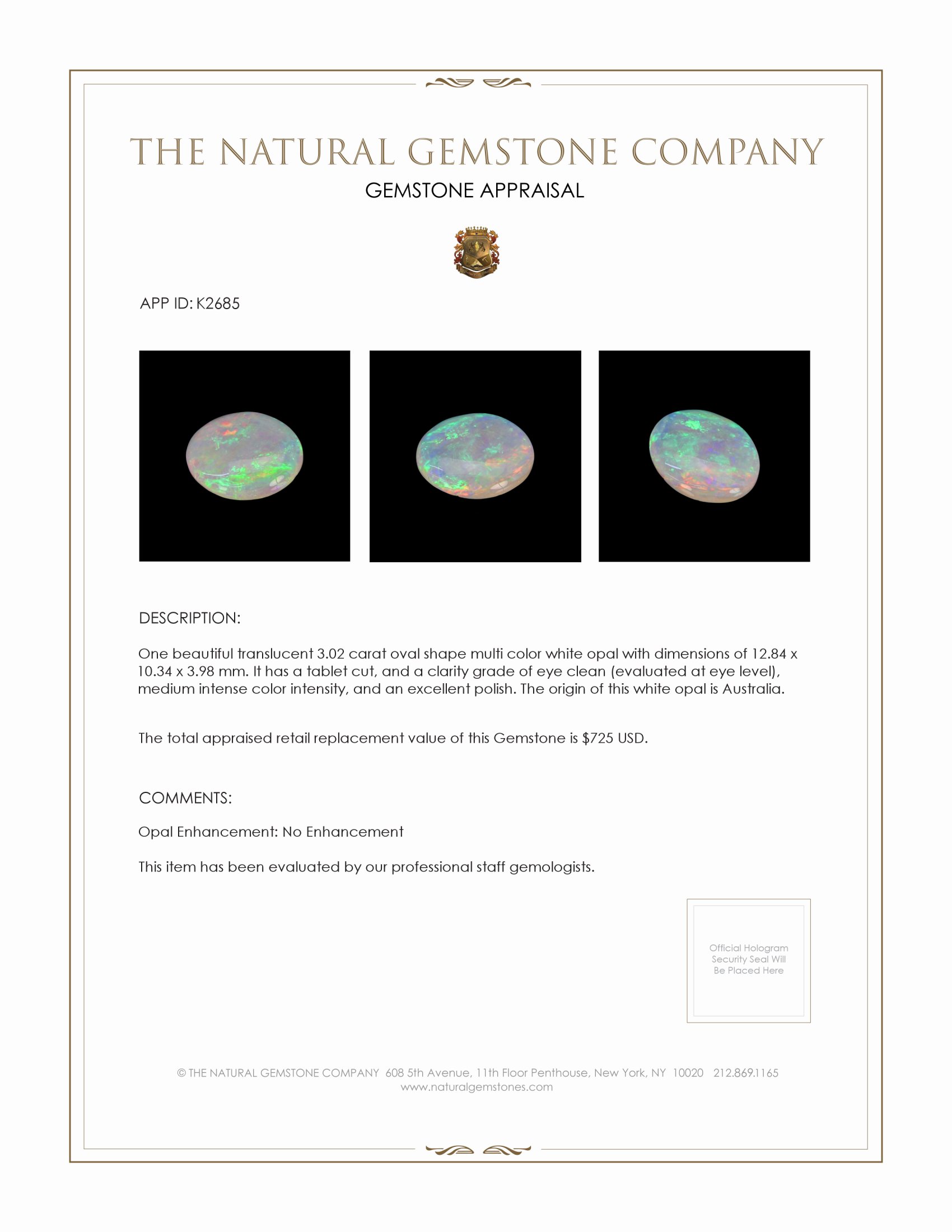 3.02 Ct. White Opal from Australia