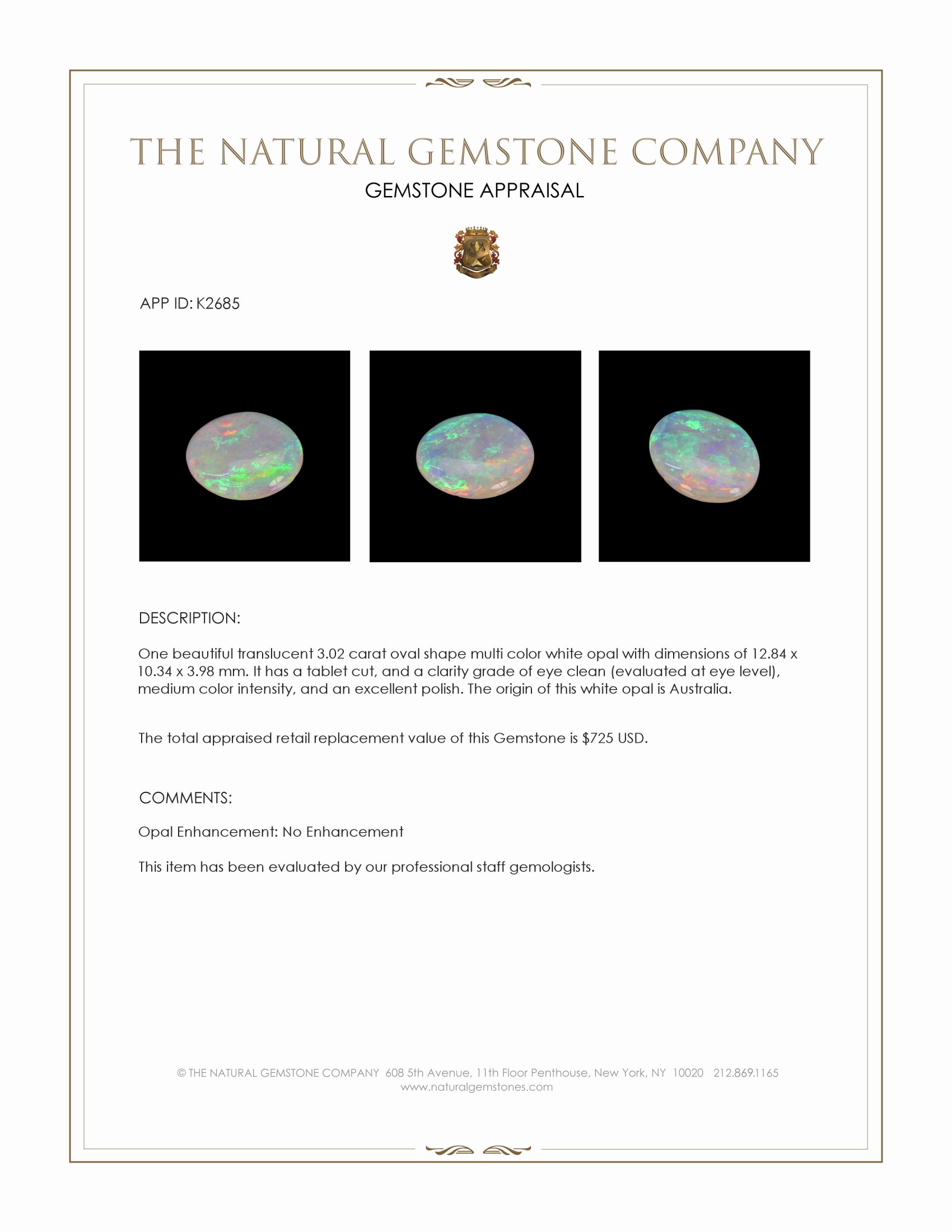 3.02 Ct. White Opal from Australia