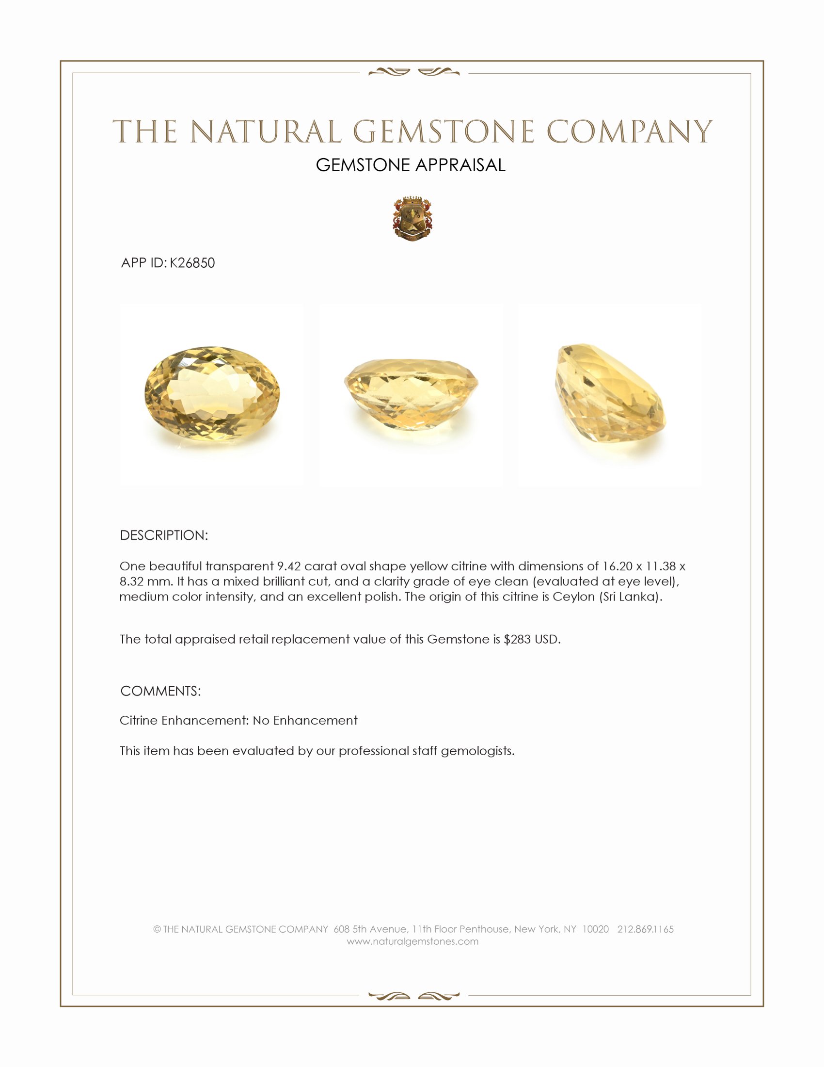 9.42 Ct. Yellow Citrine from Ceylon (Sri Lanka)