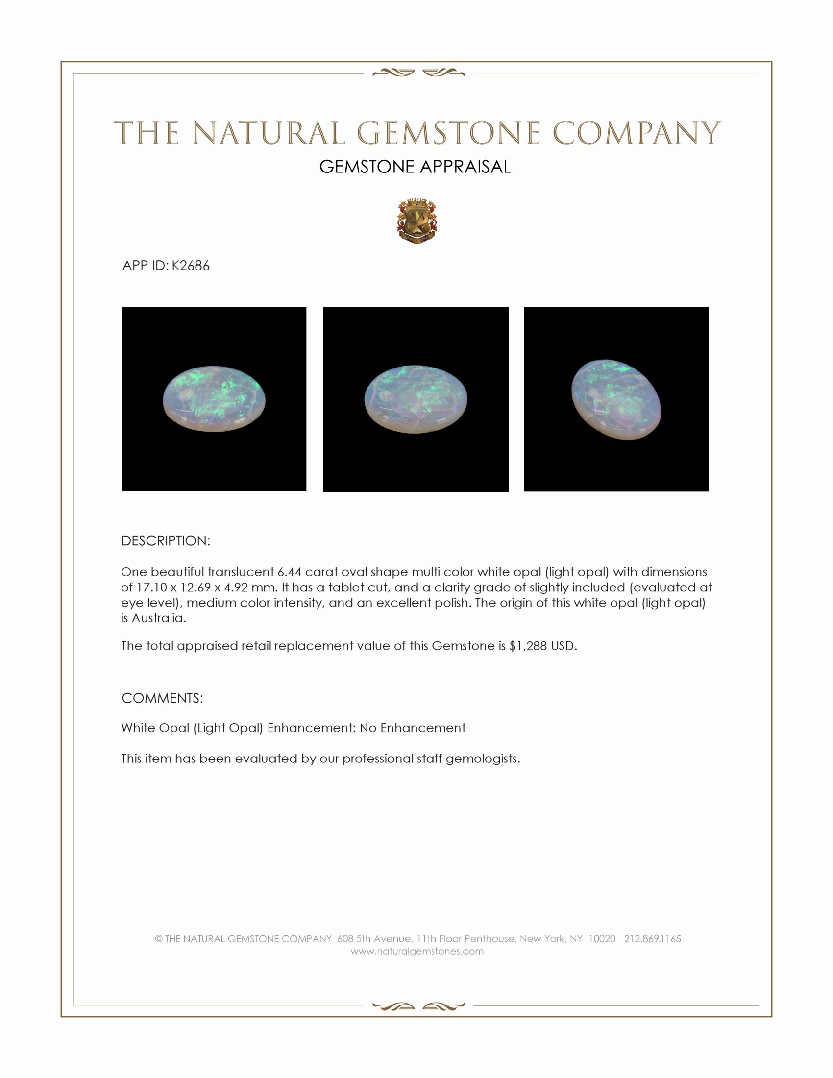 6.44 Ct. Multi Color White Opal (Light Opal) from Australia