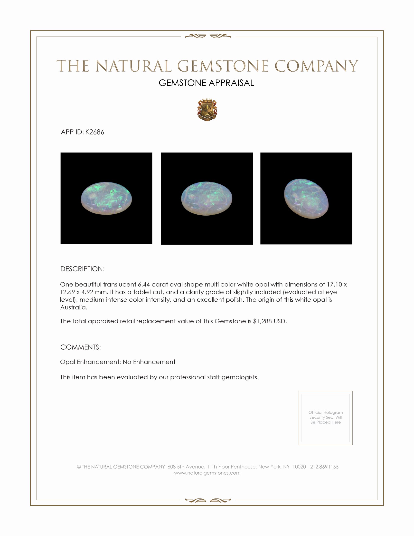 6.44 Ct. White Opal from Australia