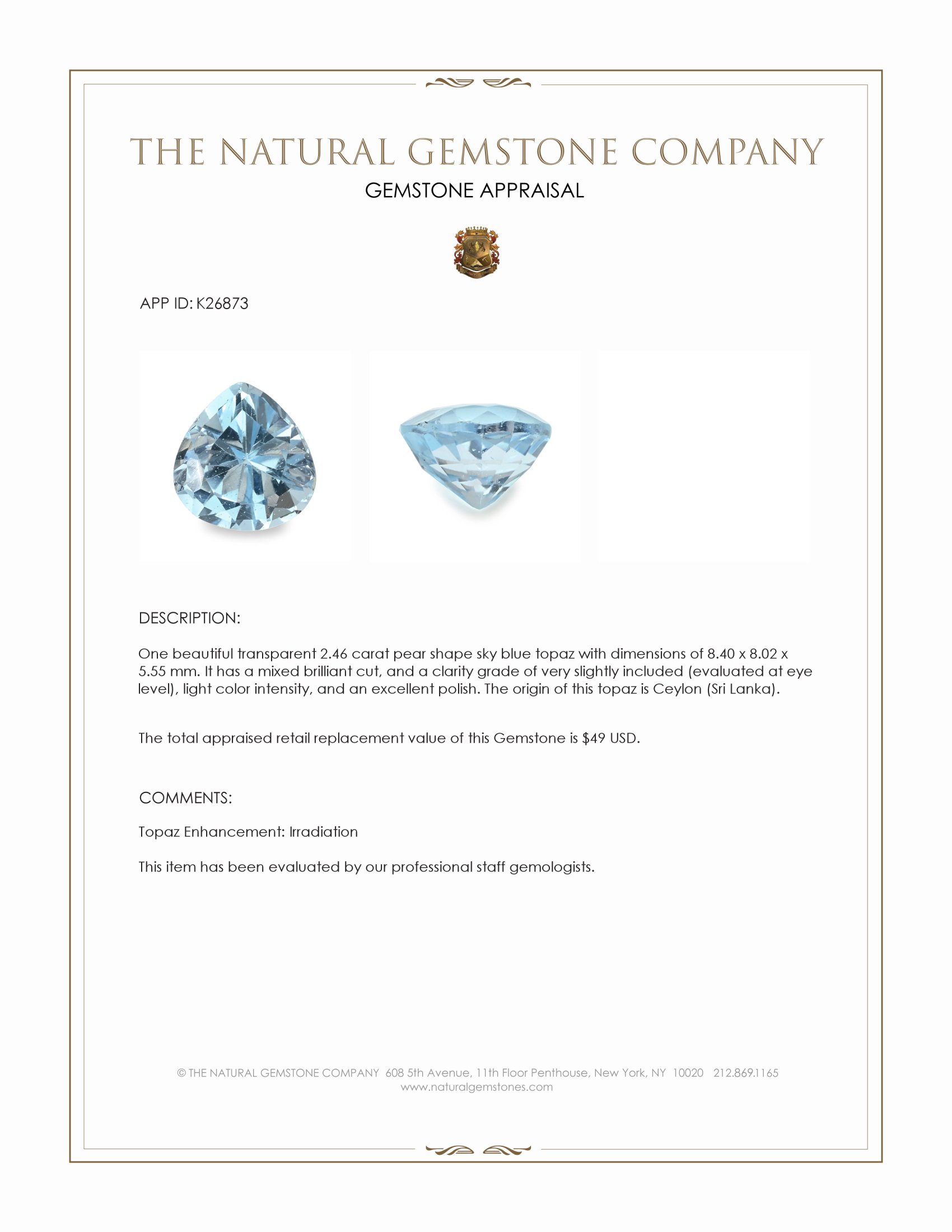 2.46 Ct. Sky Blue Topaz from Ceylon (Sri Lanka)