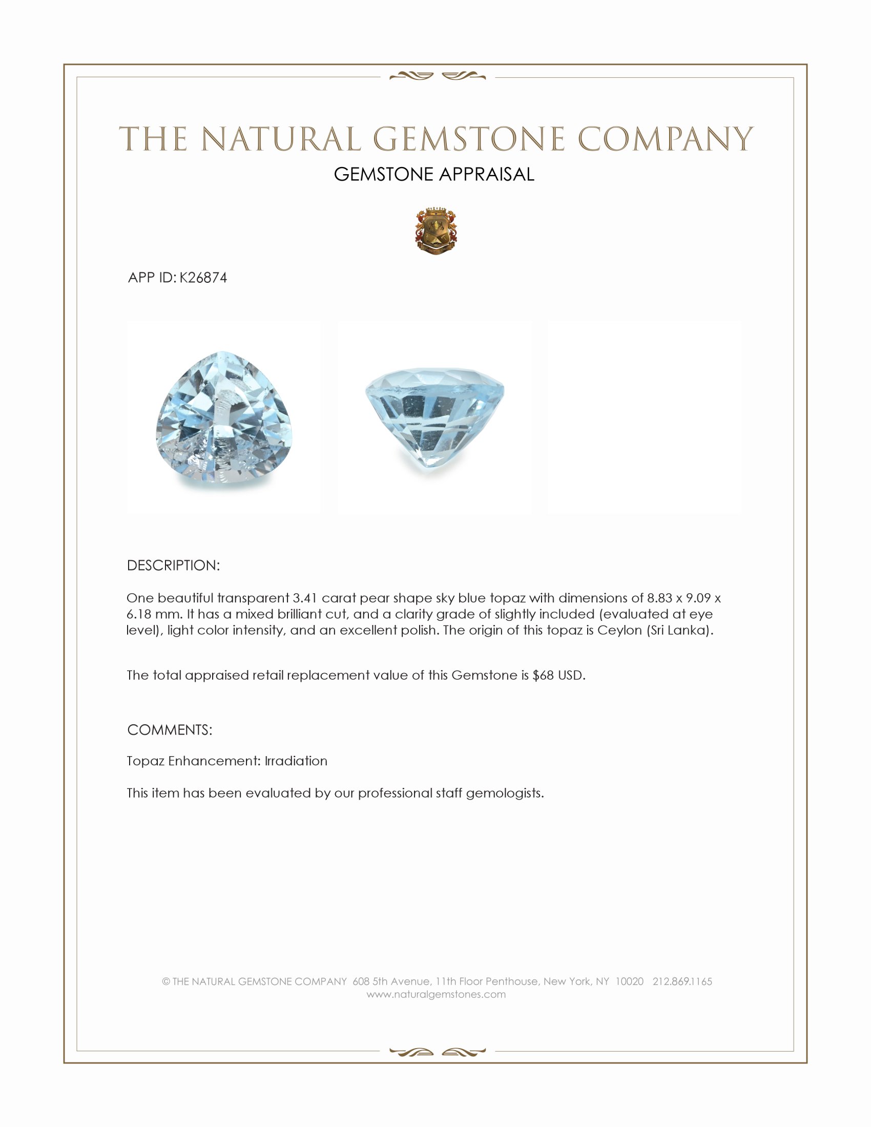 3.41 Ct. Sky Blue Topaz from Ceylon (Sri Lanka)