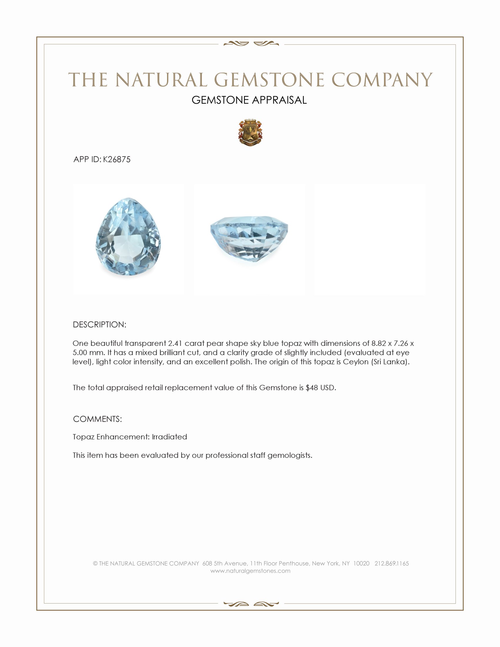 2.41 Ct. Sky Blue Topaz from Ceylon (Sri Lanka)