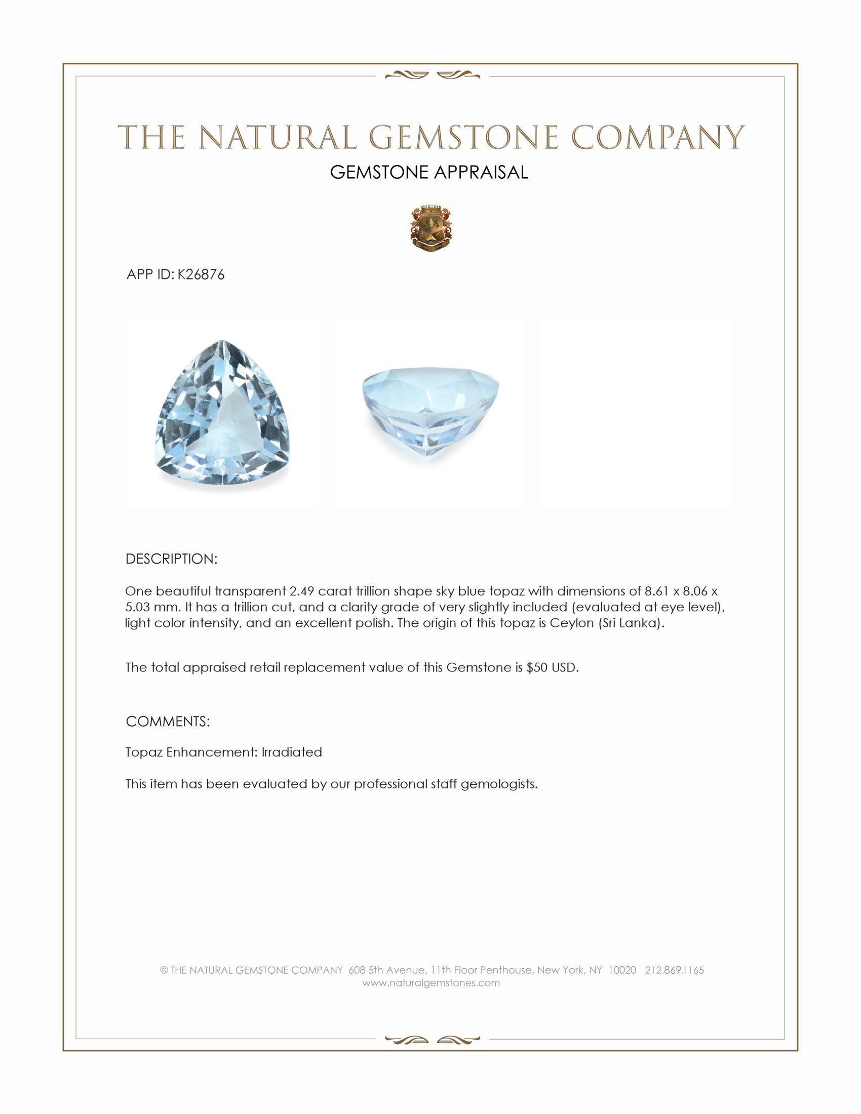2.49 Ct. Sky Blue Topaz from Ceylon (Sri Lanka)