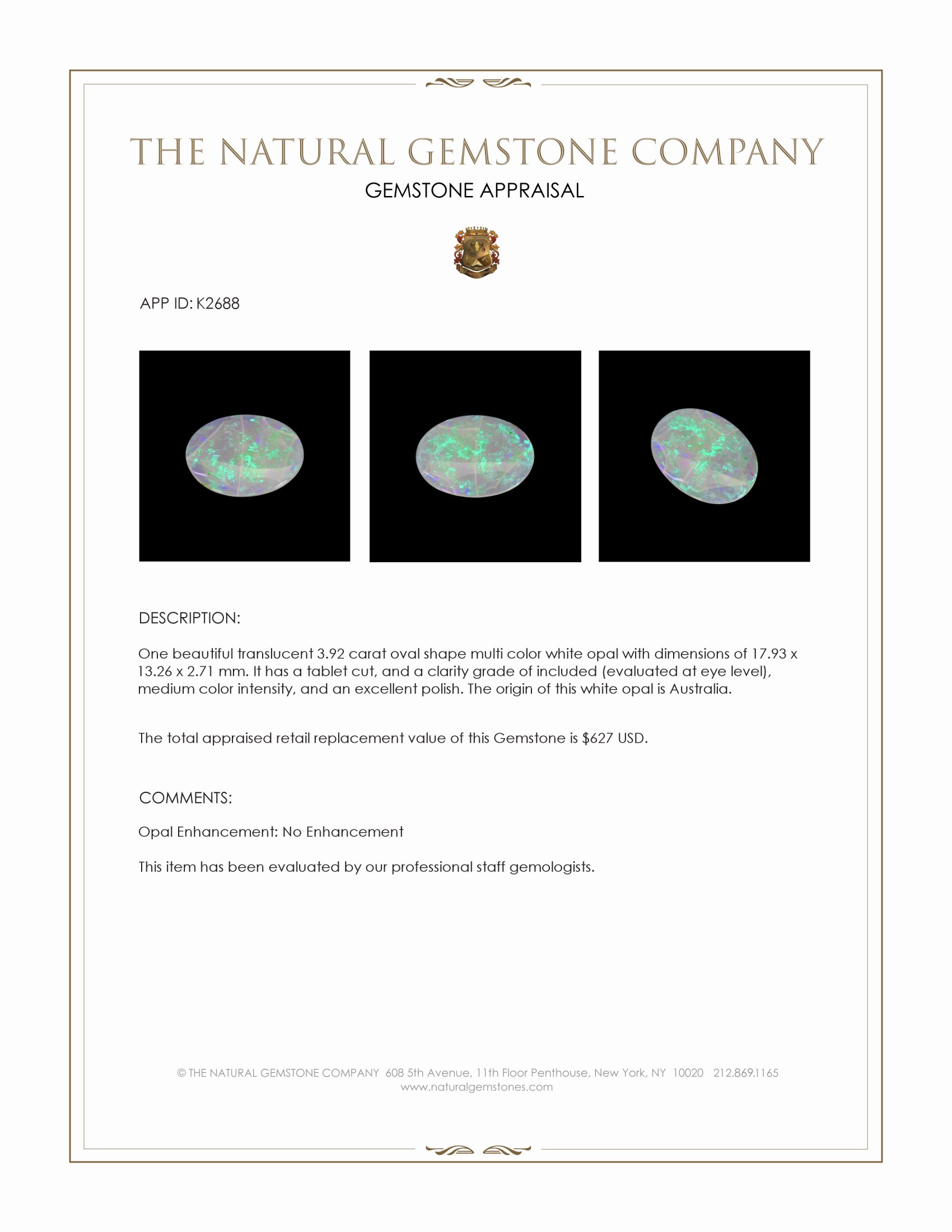 3.92 Ct. White Opal from Australia