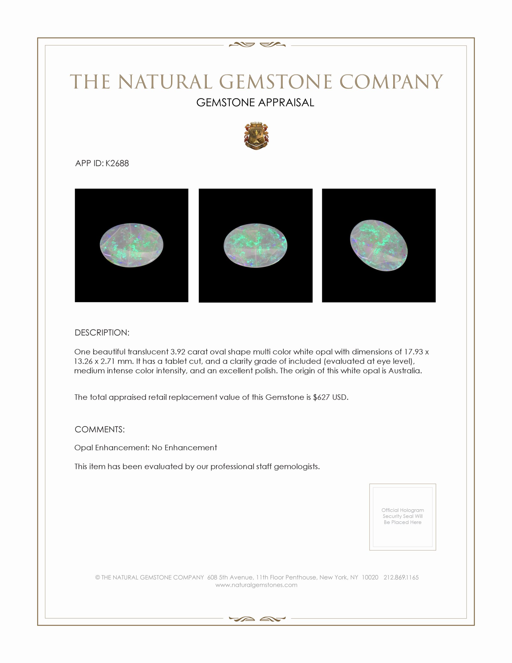 3.92 Ct. White Opal from Australia