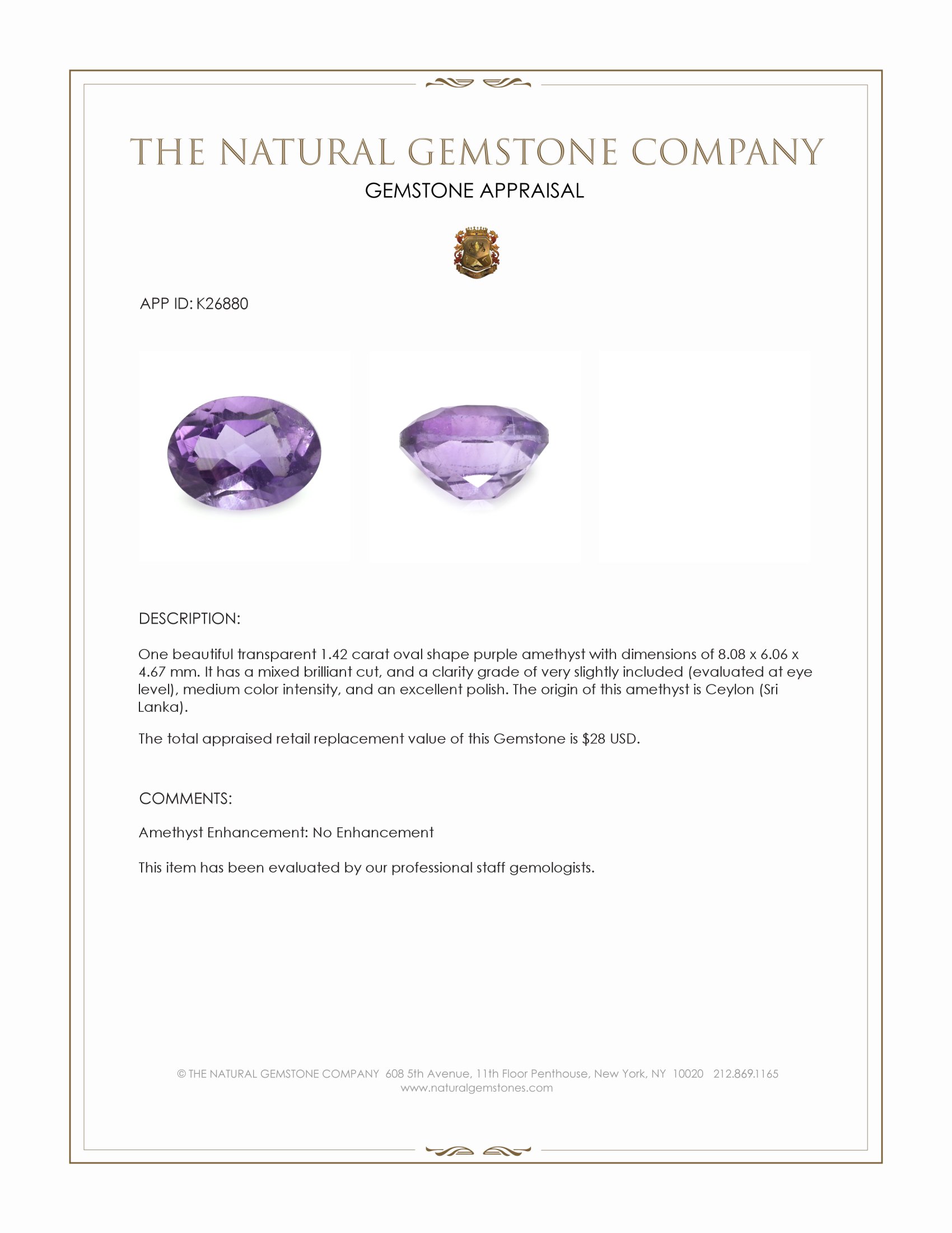 1.42 Ct. Purple Amethyst from Ceylon (Sri Lanka)