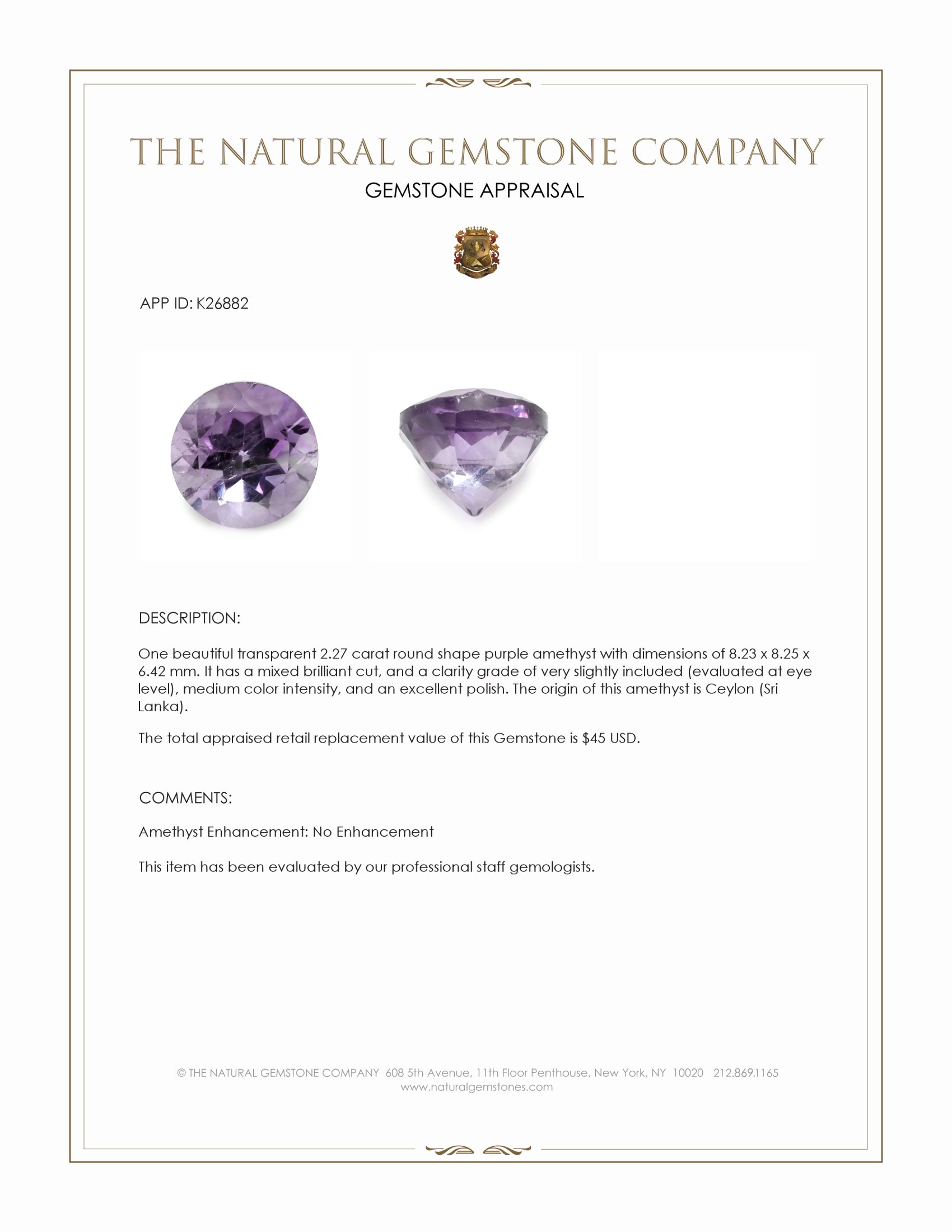 2.27 Ct. Purple Amethyst from Ceylon (Sri Lanka)