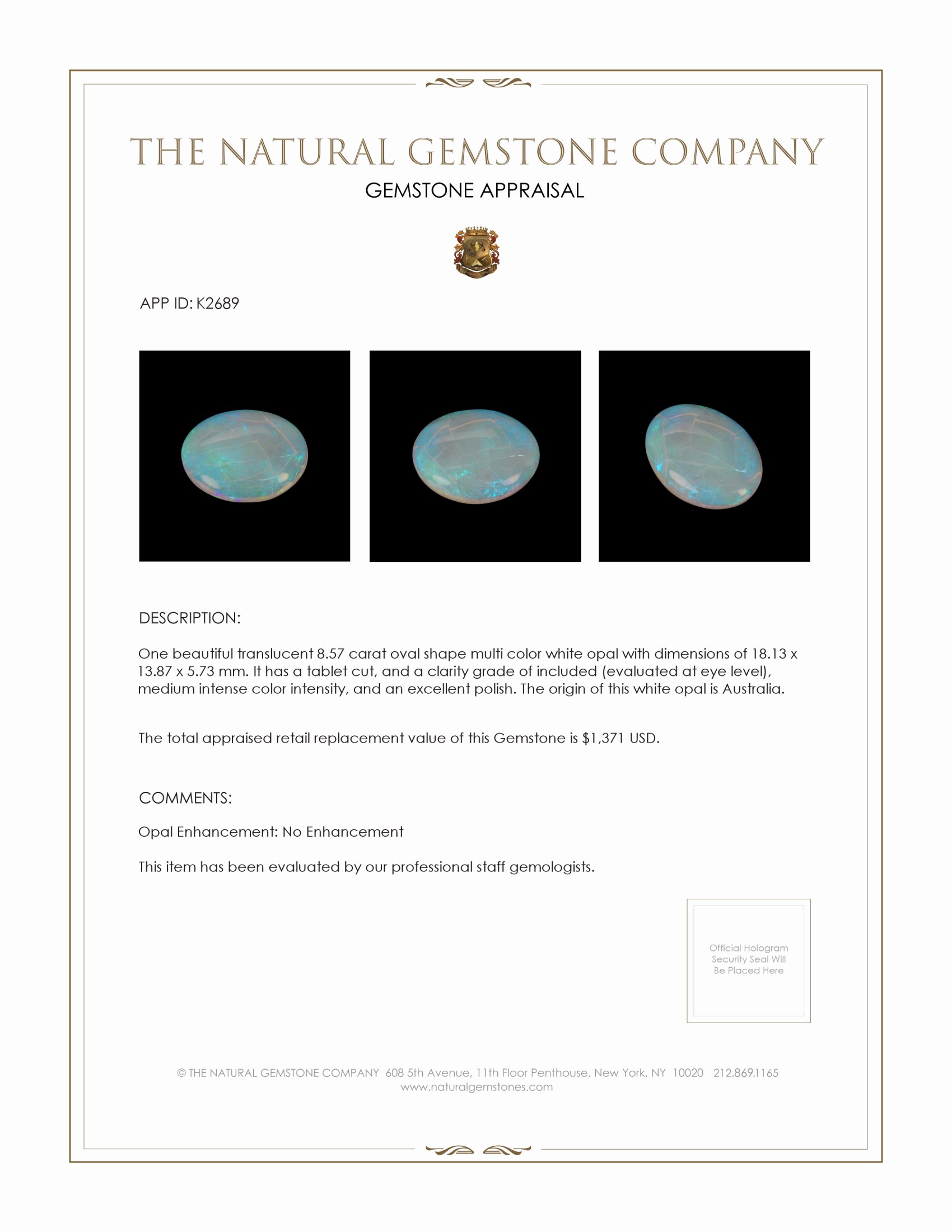 8.57 Ct. White Opal from Australia