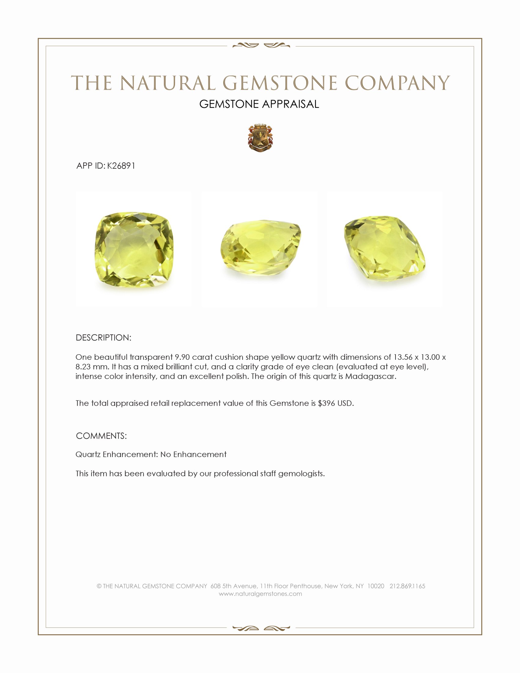 9.90 Ct. Yellow Quartz from Madagascar
