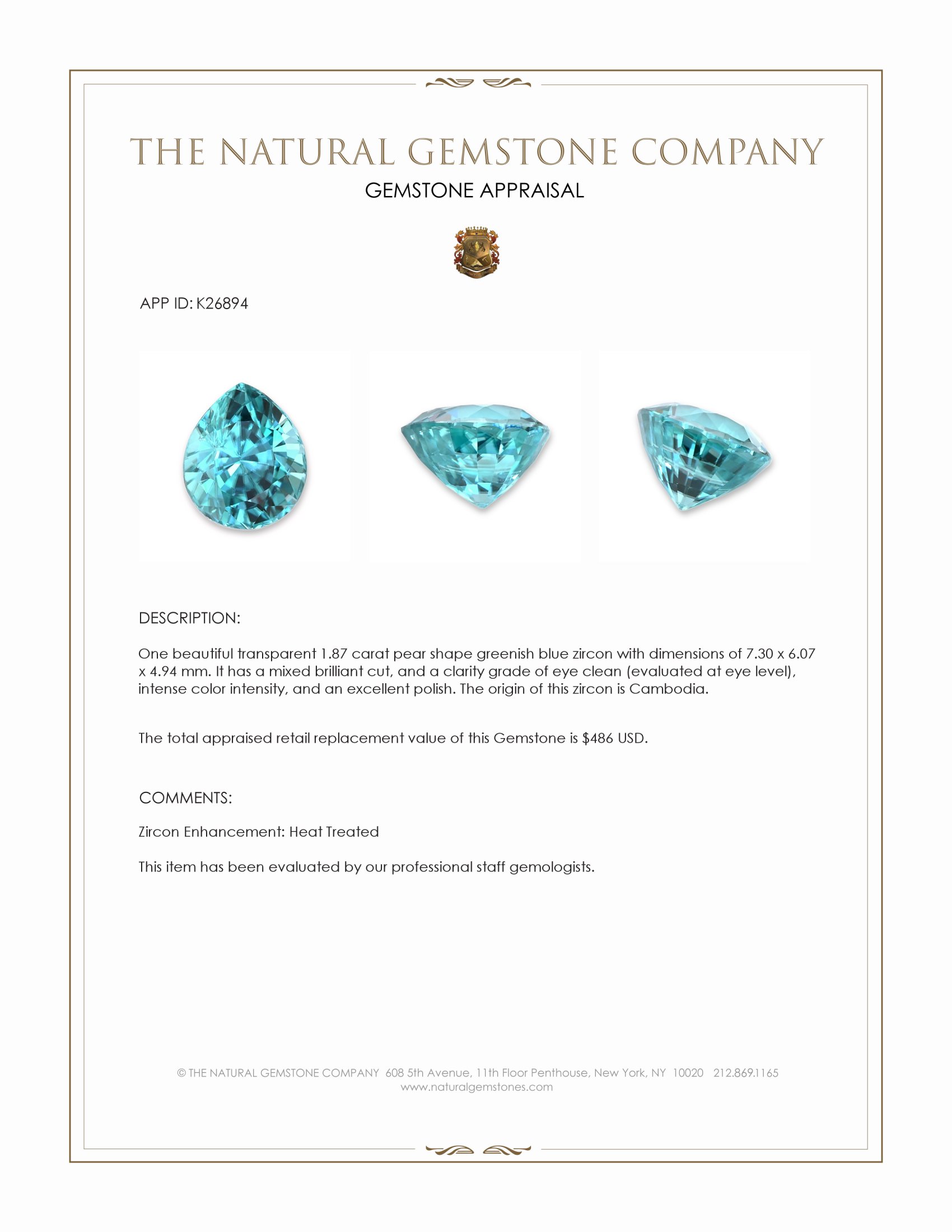 1.87 Ct. Greenish Blue Zircon from Cambodia