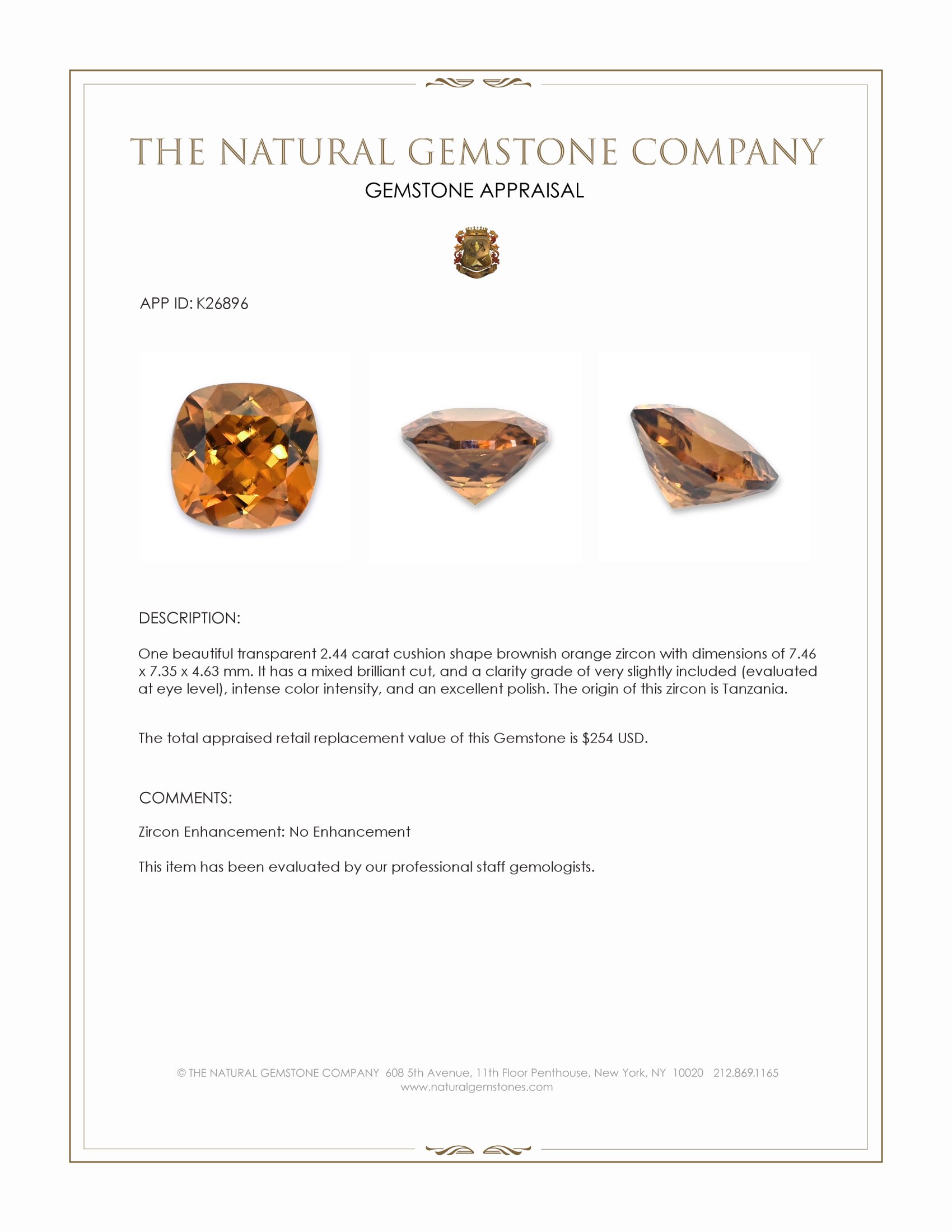 2.44 Ct. Brownish Orange Zircon from Tanzania