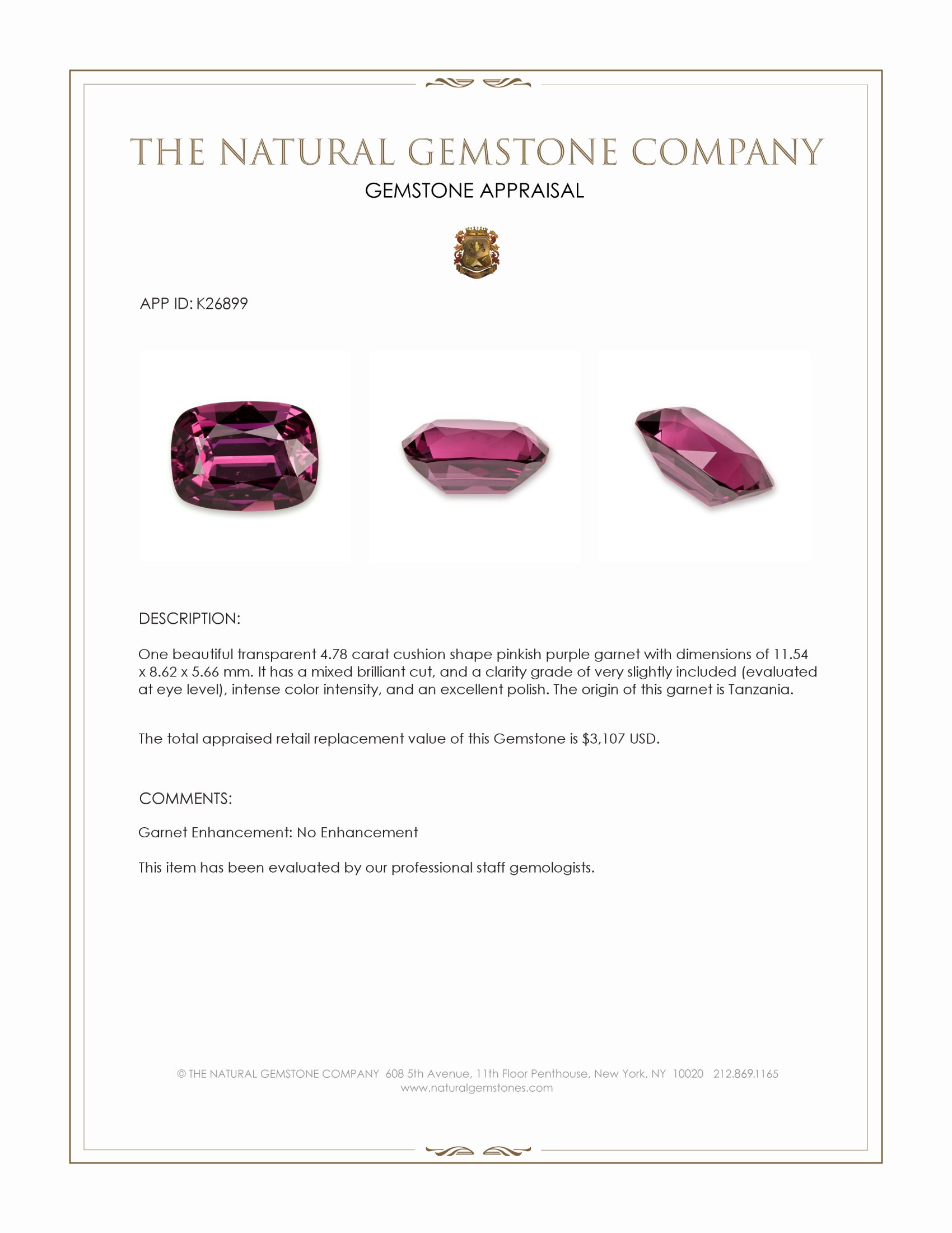 4.78 Ct. Pinkish Purple Garnet from Tanzania