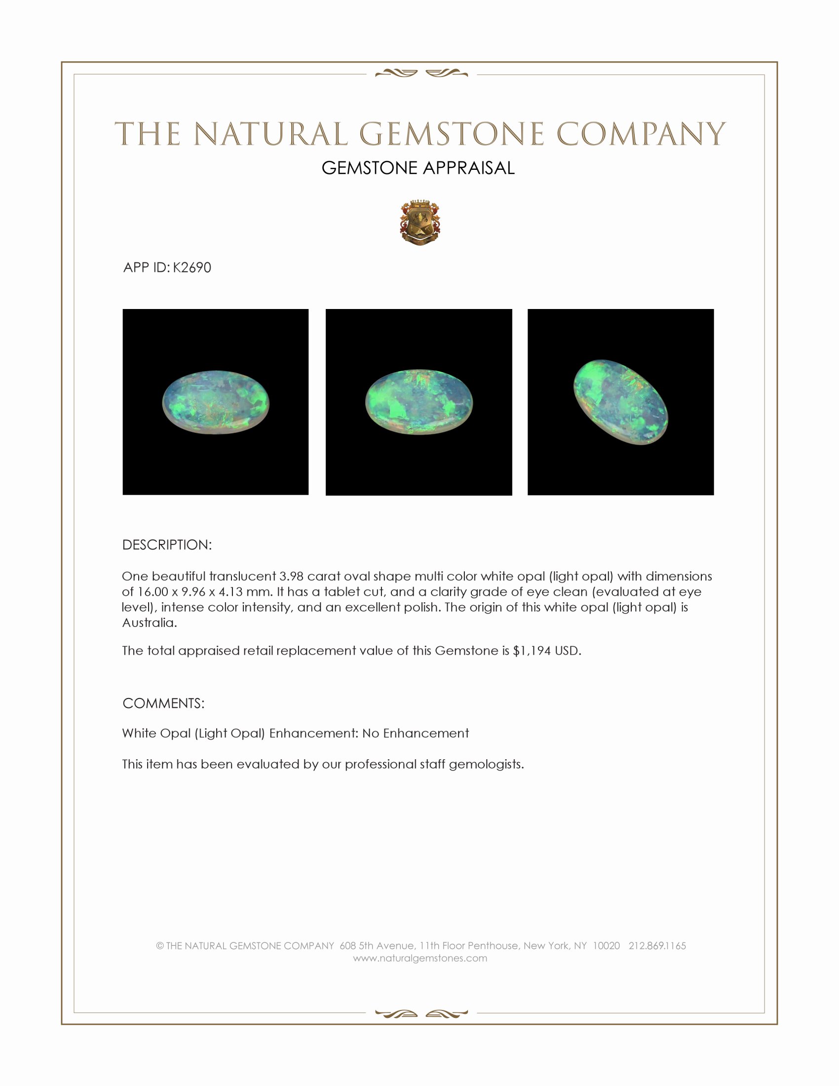 3.98 Ct. Multi Color White Opal (Light Opal) from Australia