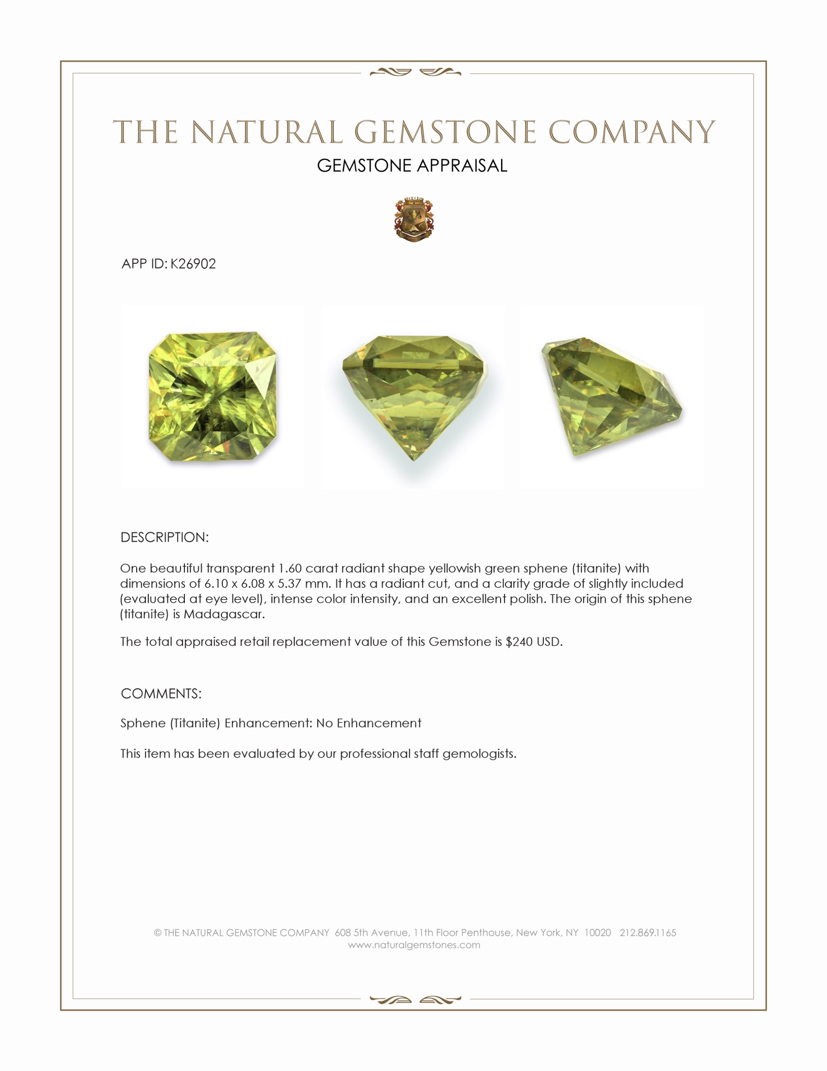 1.60 Ct. Yellowish Green Sphene (Titanite) from Madagascar