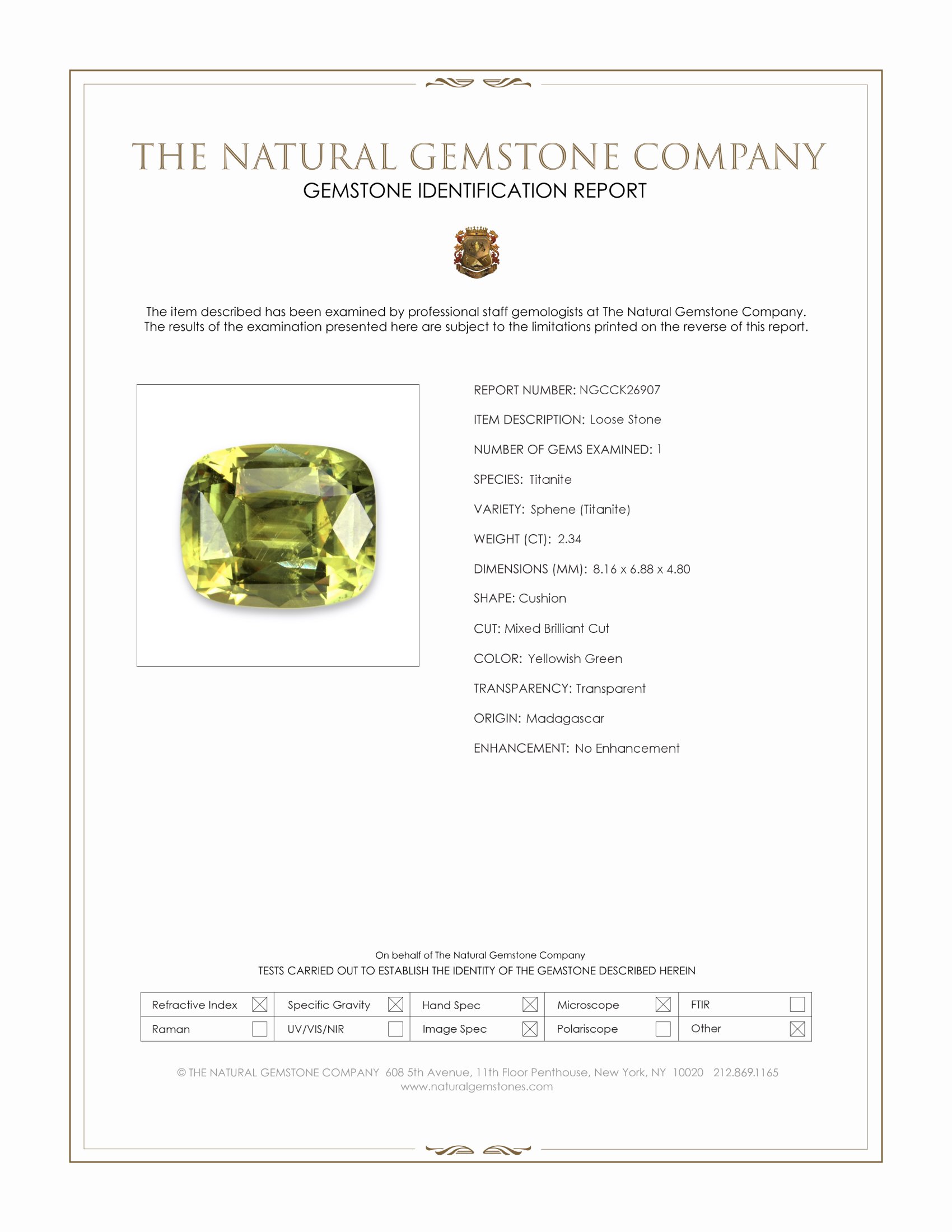 2.34 Ct. Yellowish Green Sphene (Titanite) from Madagascar