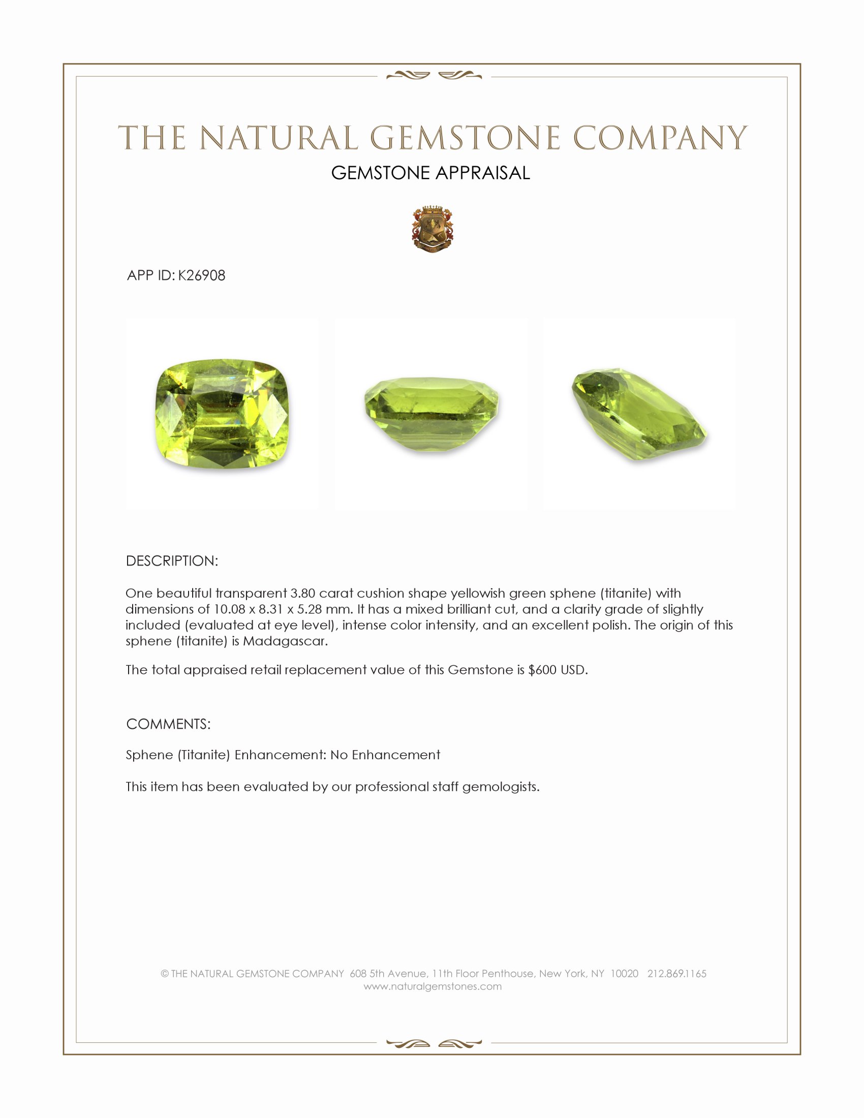 3.80 Ct. Yellowish Green Sphene (Titanite) from Madagascar