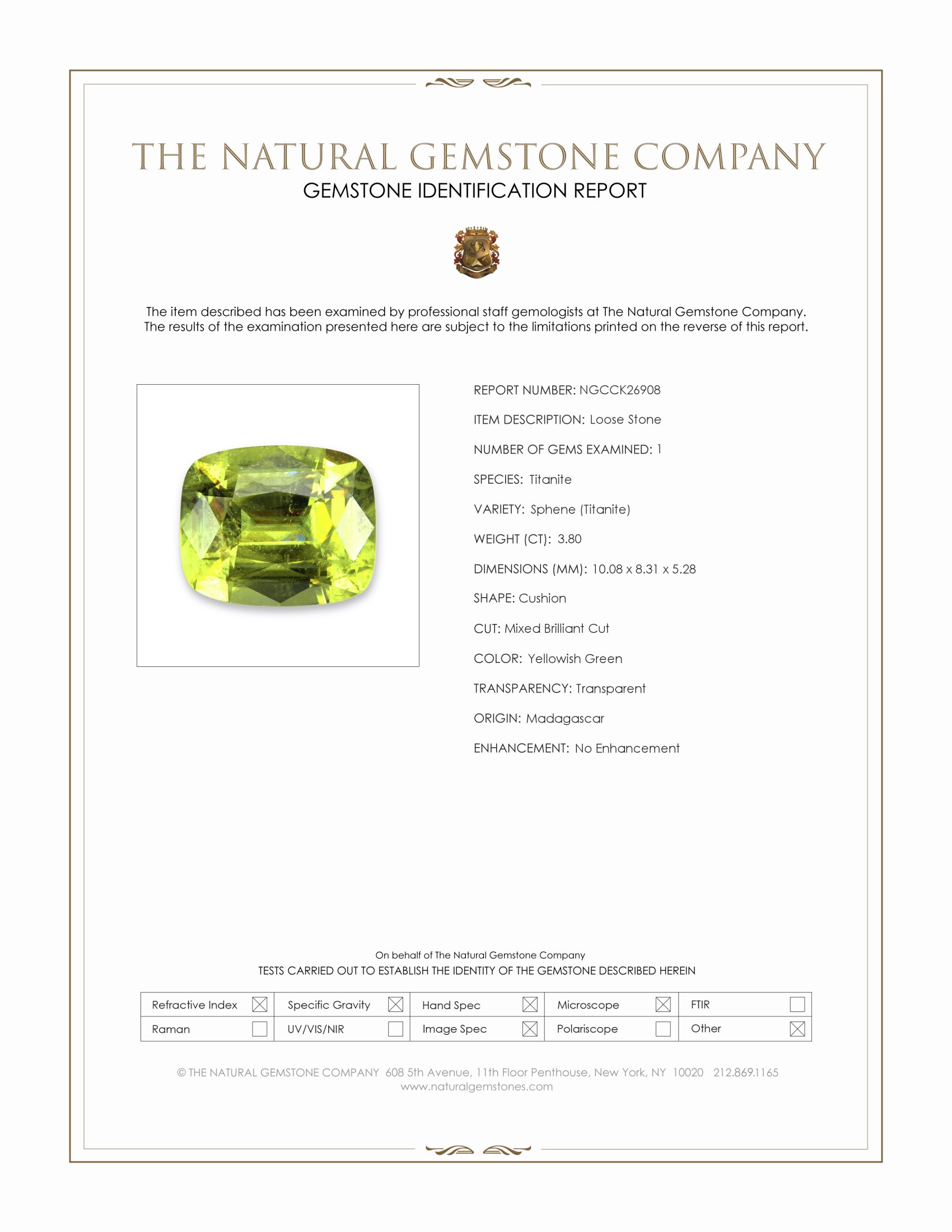 3.80 Ct. Yellowish Green Sphene (Titanite) from Madagascar