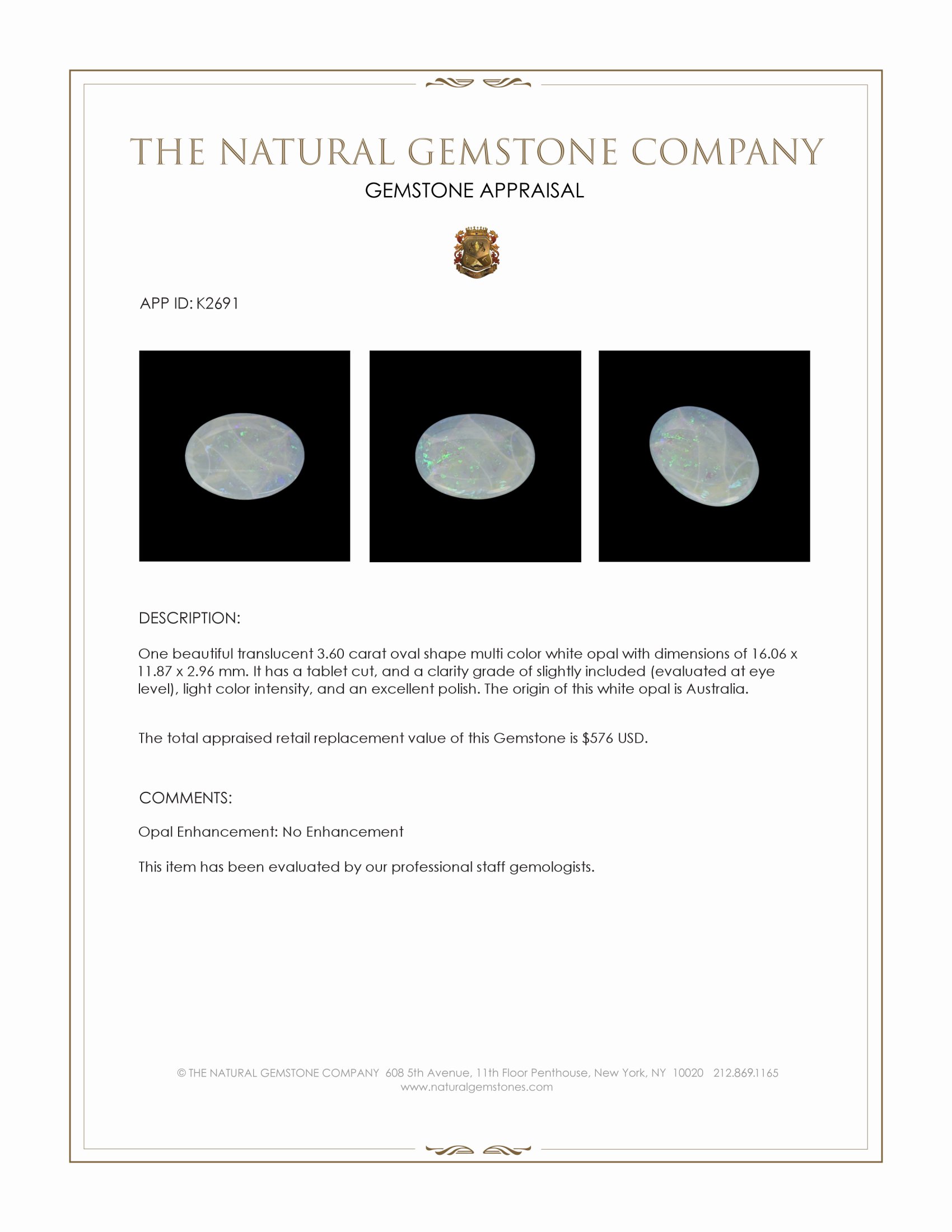 3.60 Ct. White Opal from Australia