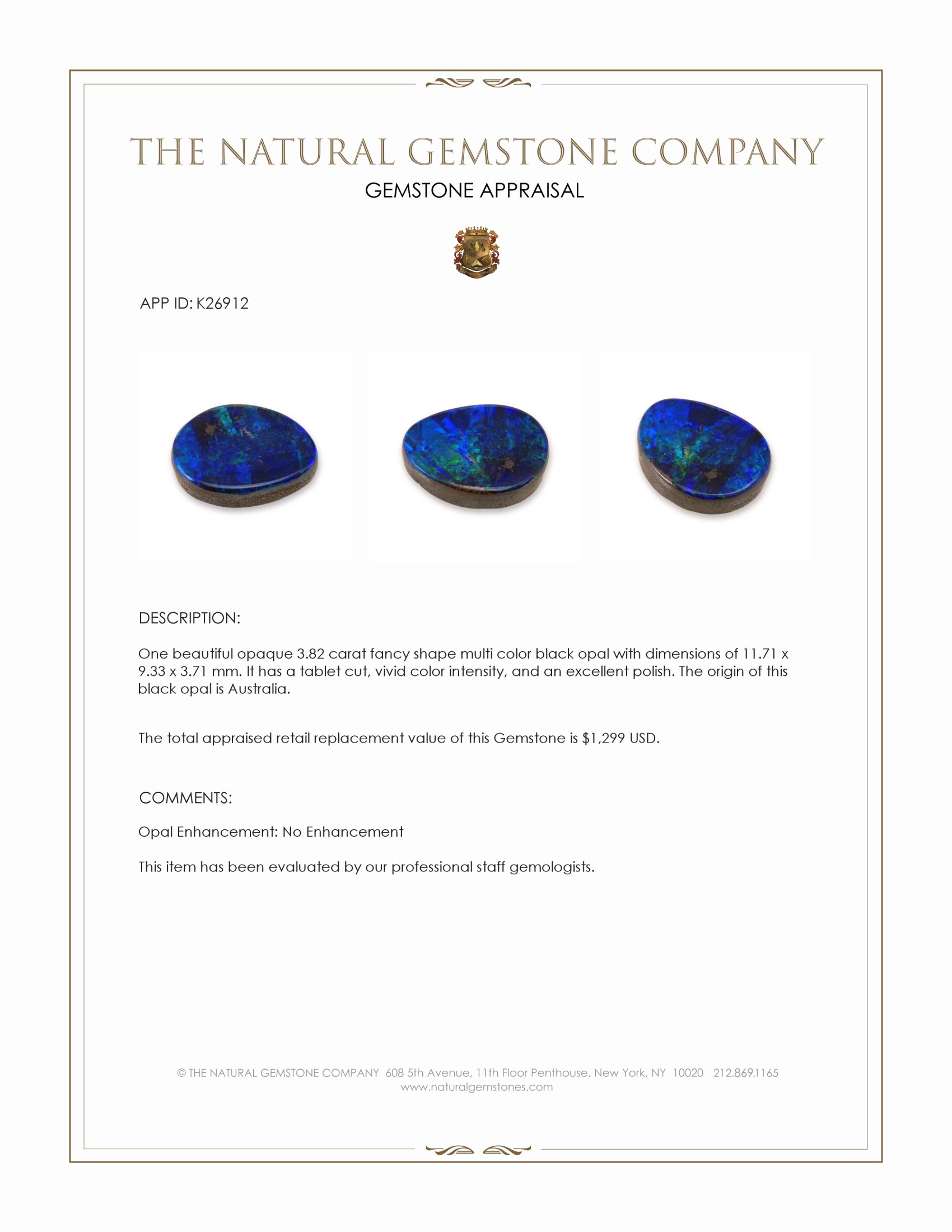 3.82 Ct. Multi Color Black Opal (Dark Opal) from Australia