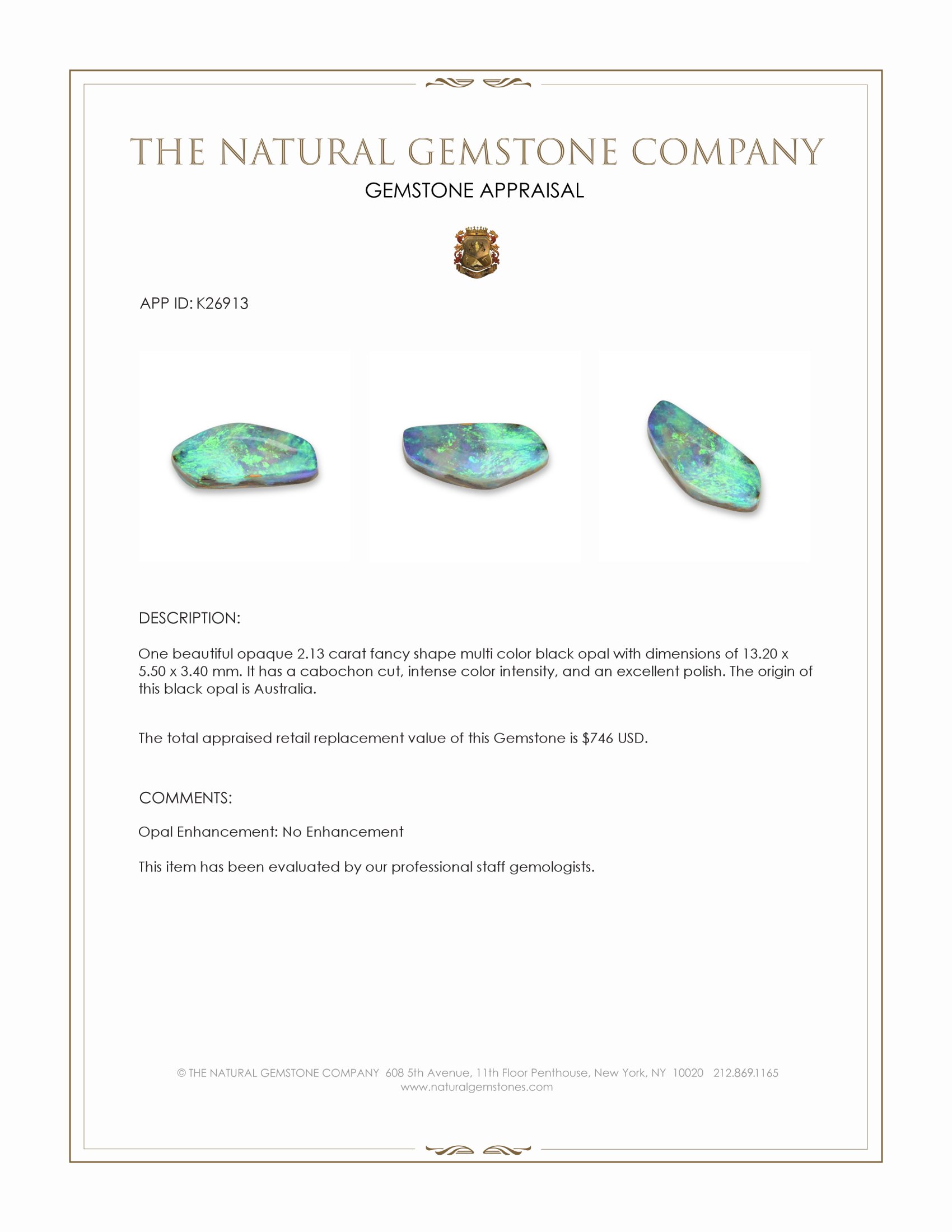 2.13 Ct. Multi Color Cabochon Black Opal (Dark Opal) from Australia