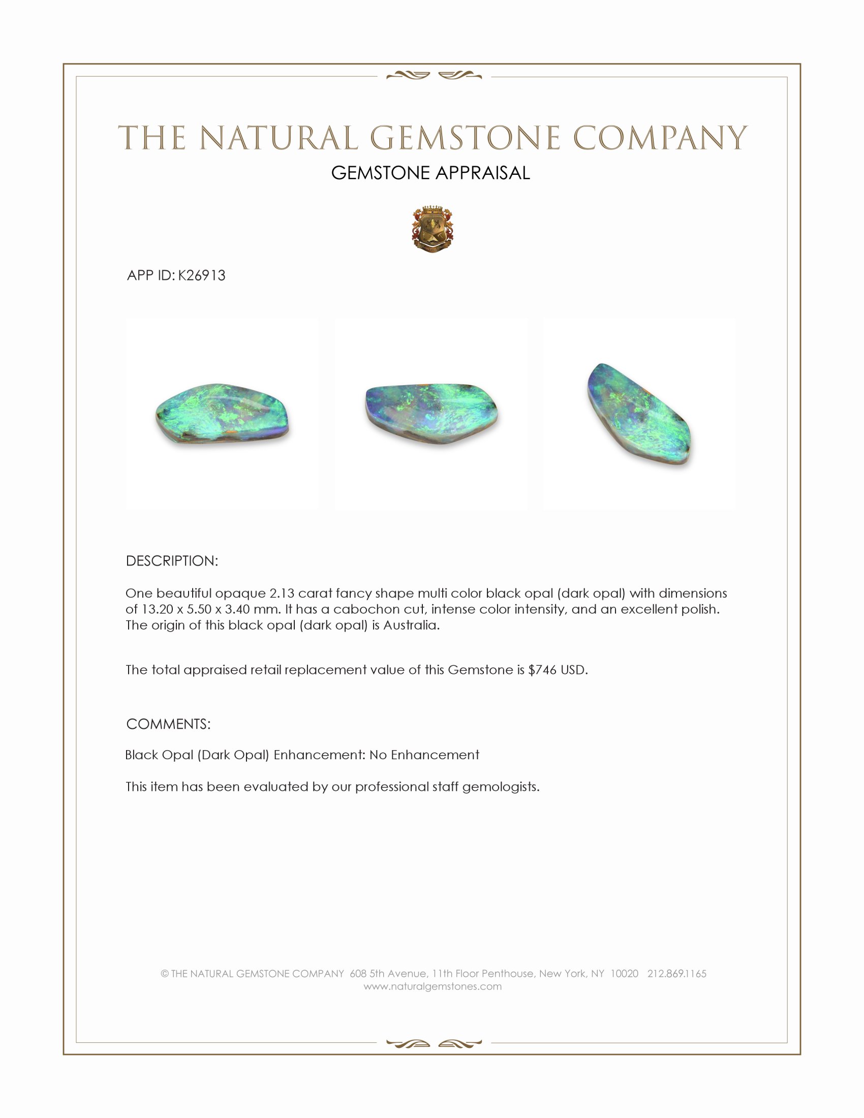 2.13 Ct. Multi Color Cabochon Black Opal (Dark Opal) from Australia