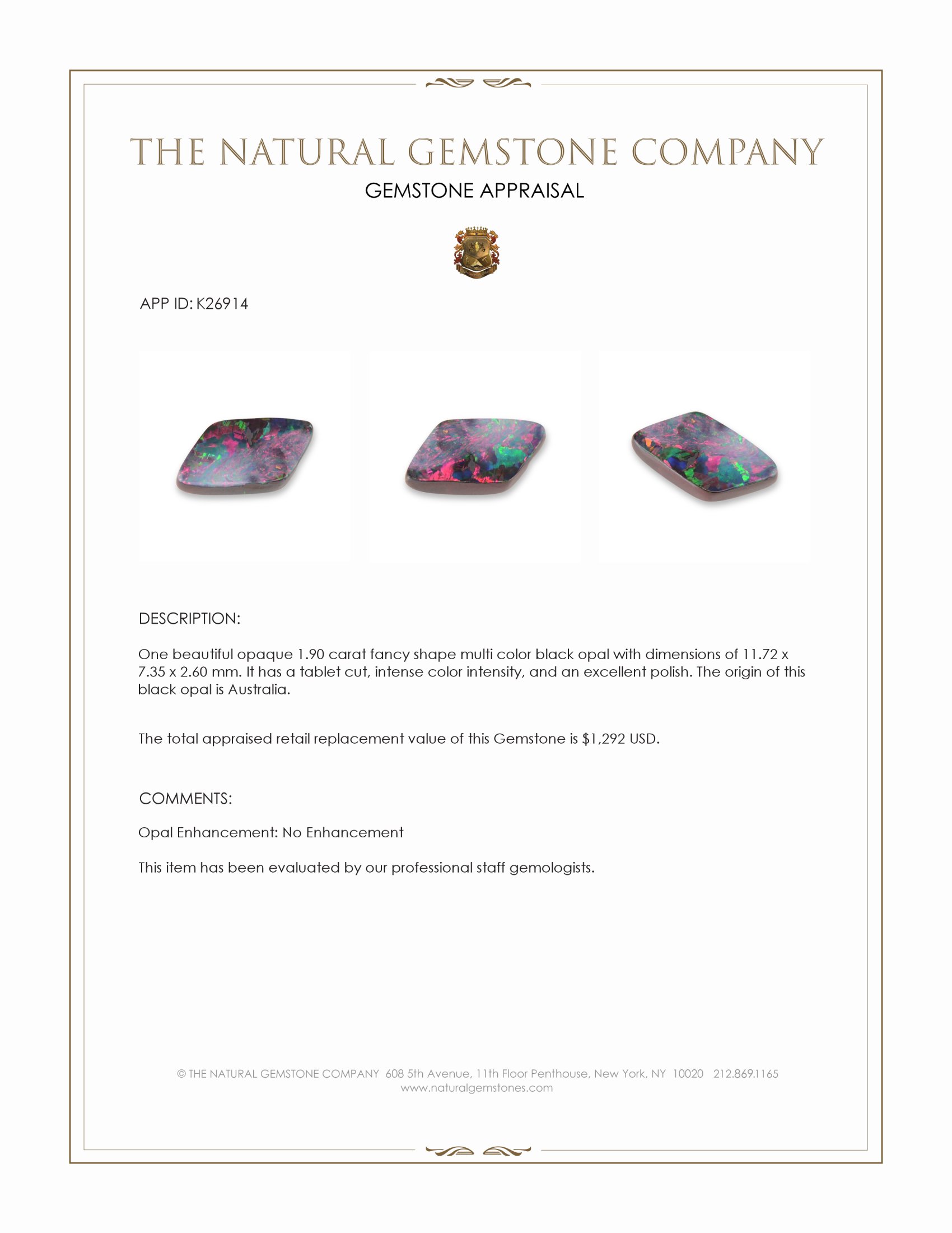 1.90 Ct. Multi Color Black Opal (Dark Opal) from Australia