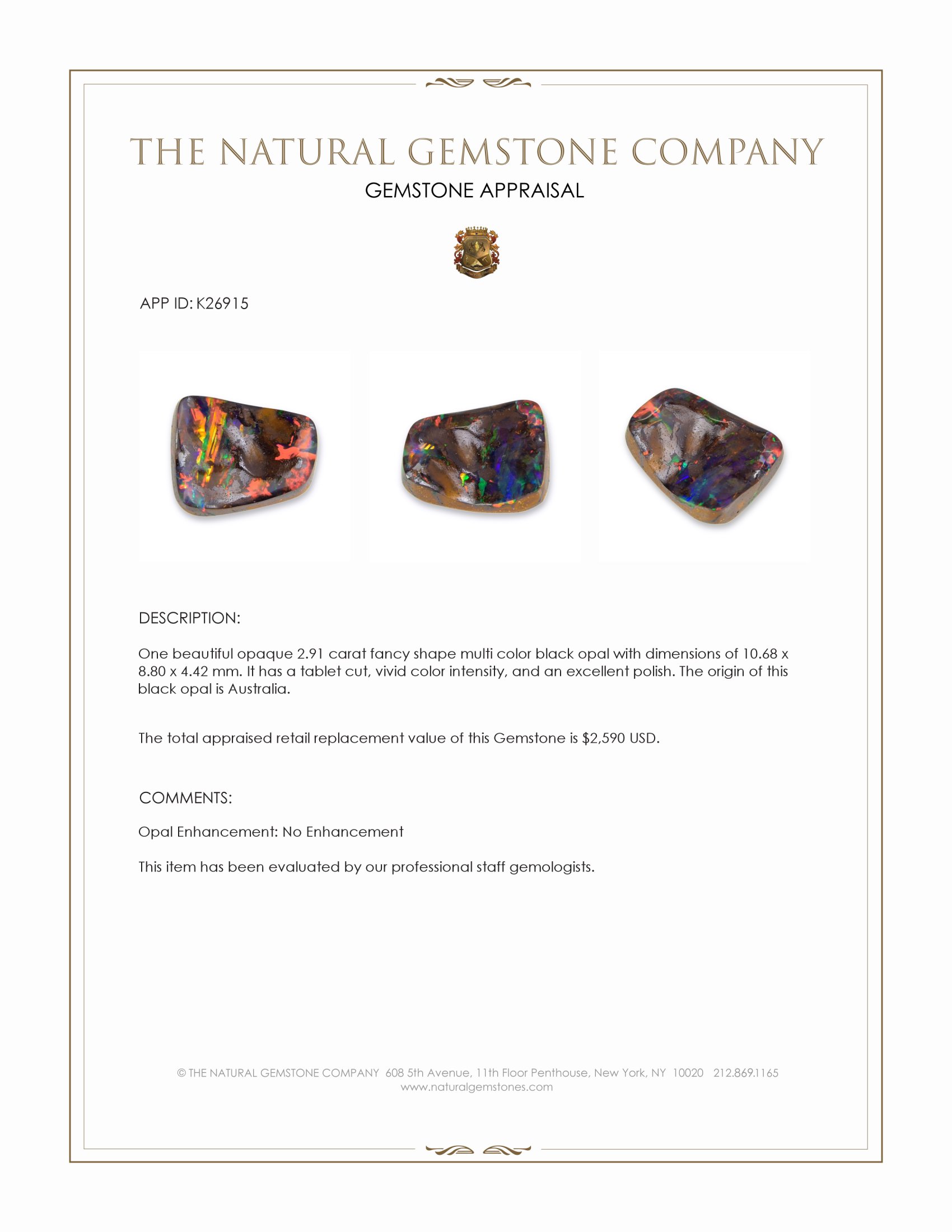 2.91 Ct. Multi Color Black Opal (Dark Opal) from Australia