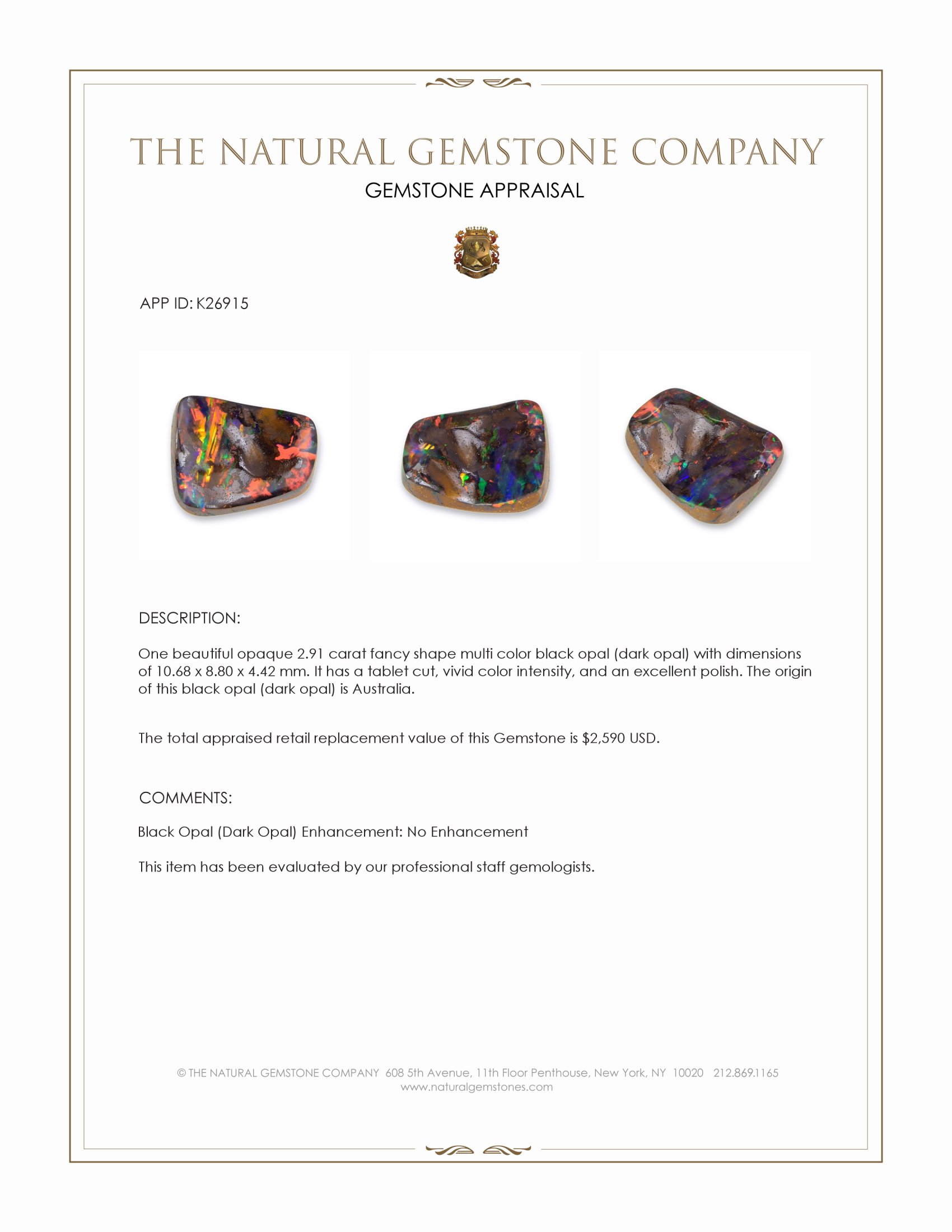 2.91 Ct. Multi Color Black Opal (Dark Opal) from Australia