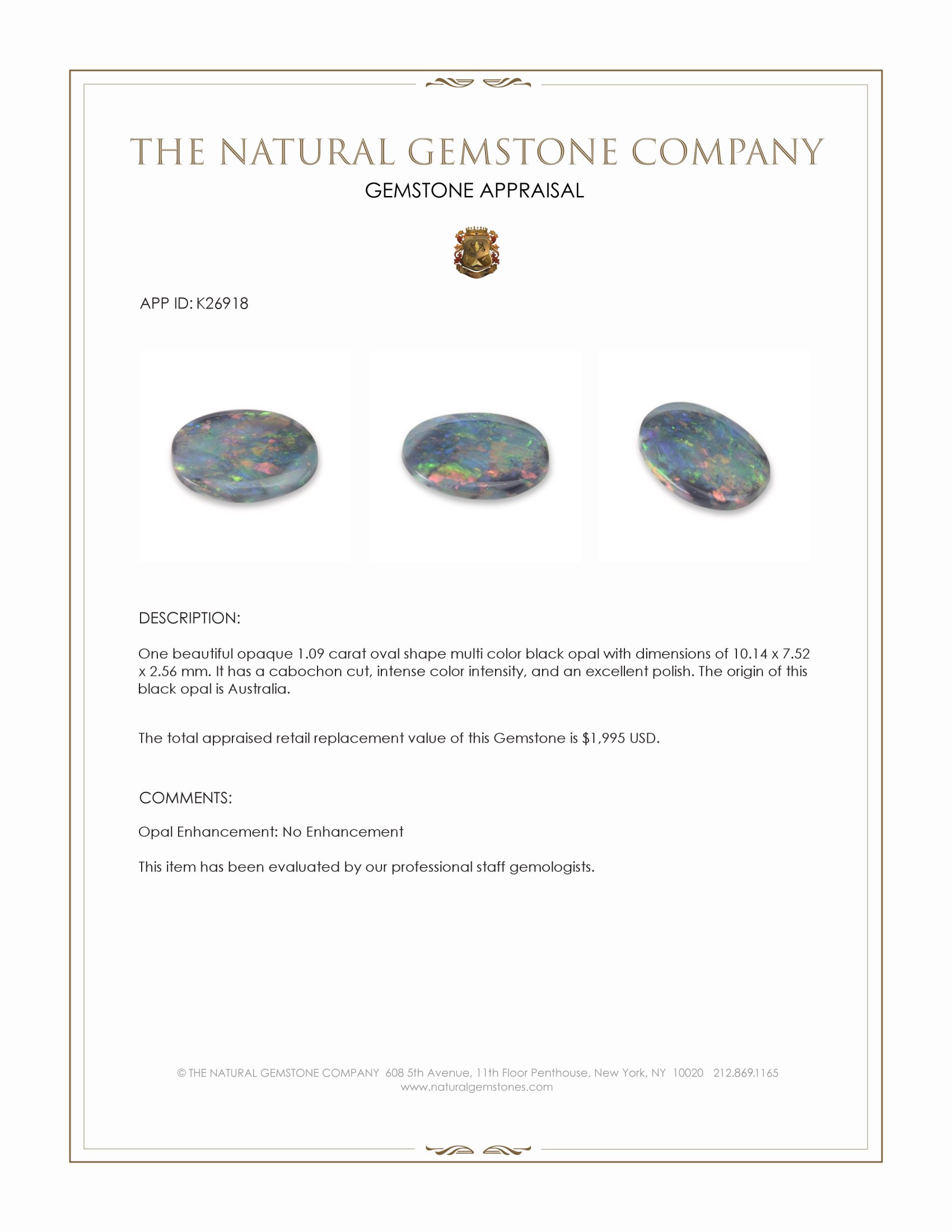 1.09 Ct. Multi Color Cabochon Black Opal (Dark Opal) from Australia